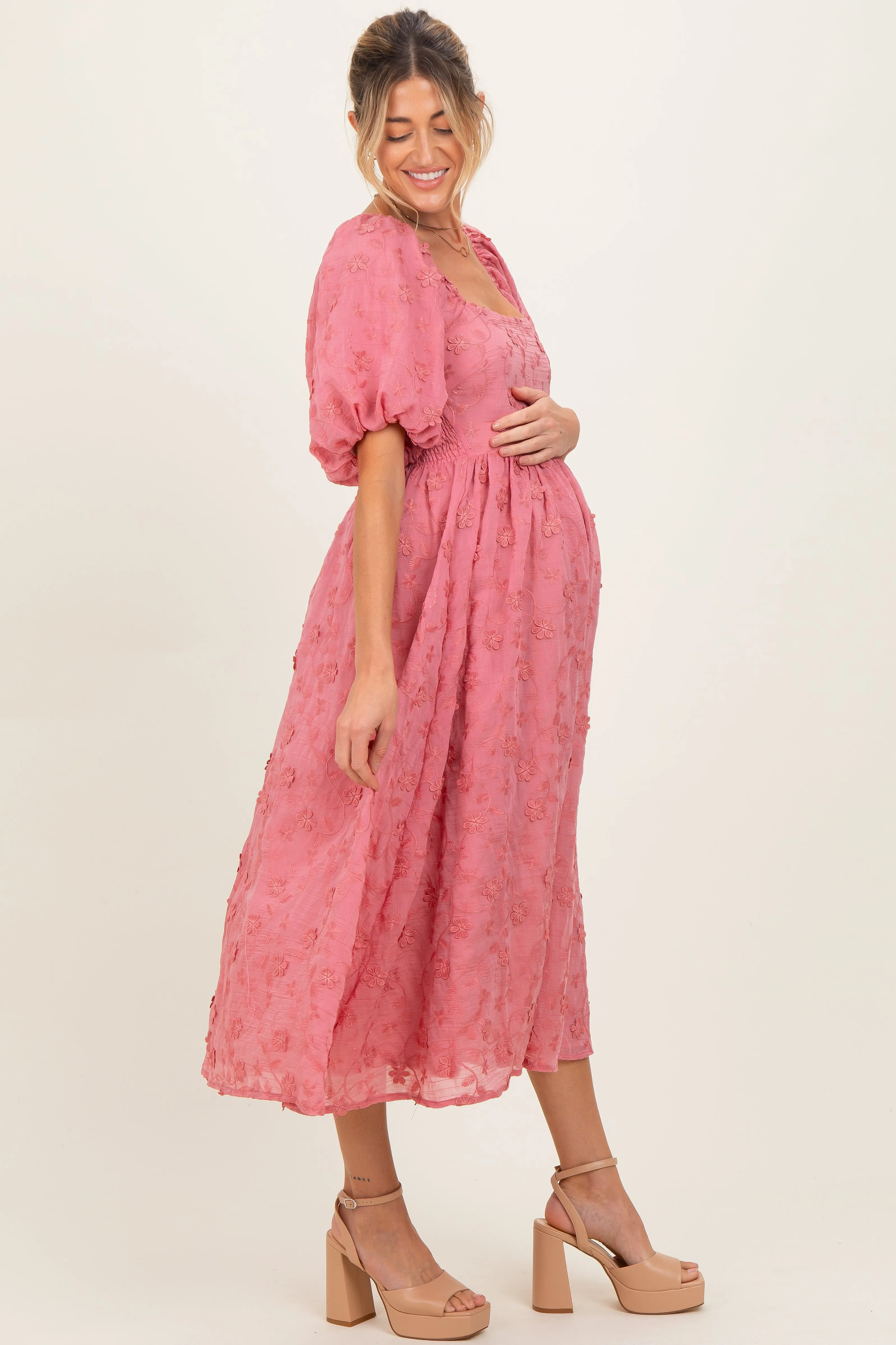 Mauve Embroidered Floral Puff Sleeve Maternity Midi Dress sold by Pinkblush product image thumbnail 3