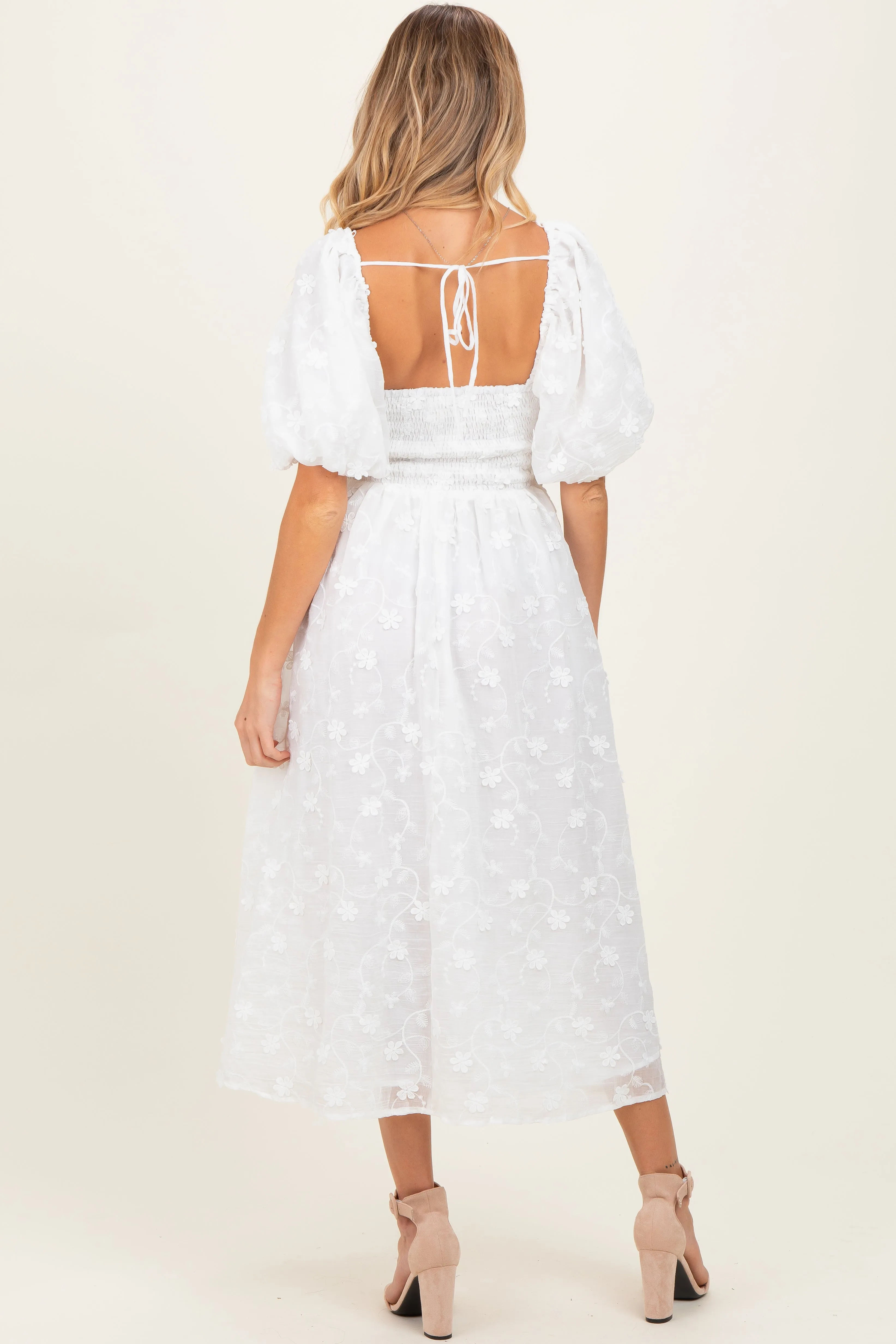 Ivory Embroidered Floral Puff Sleeve Maternity Midi Dress sold by Pinkblush product image thumbnail 3