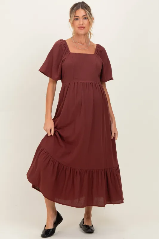 Burgundy Gingham Square Neck Ruffle Maternity Midi Dress sold by Pinkblush