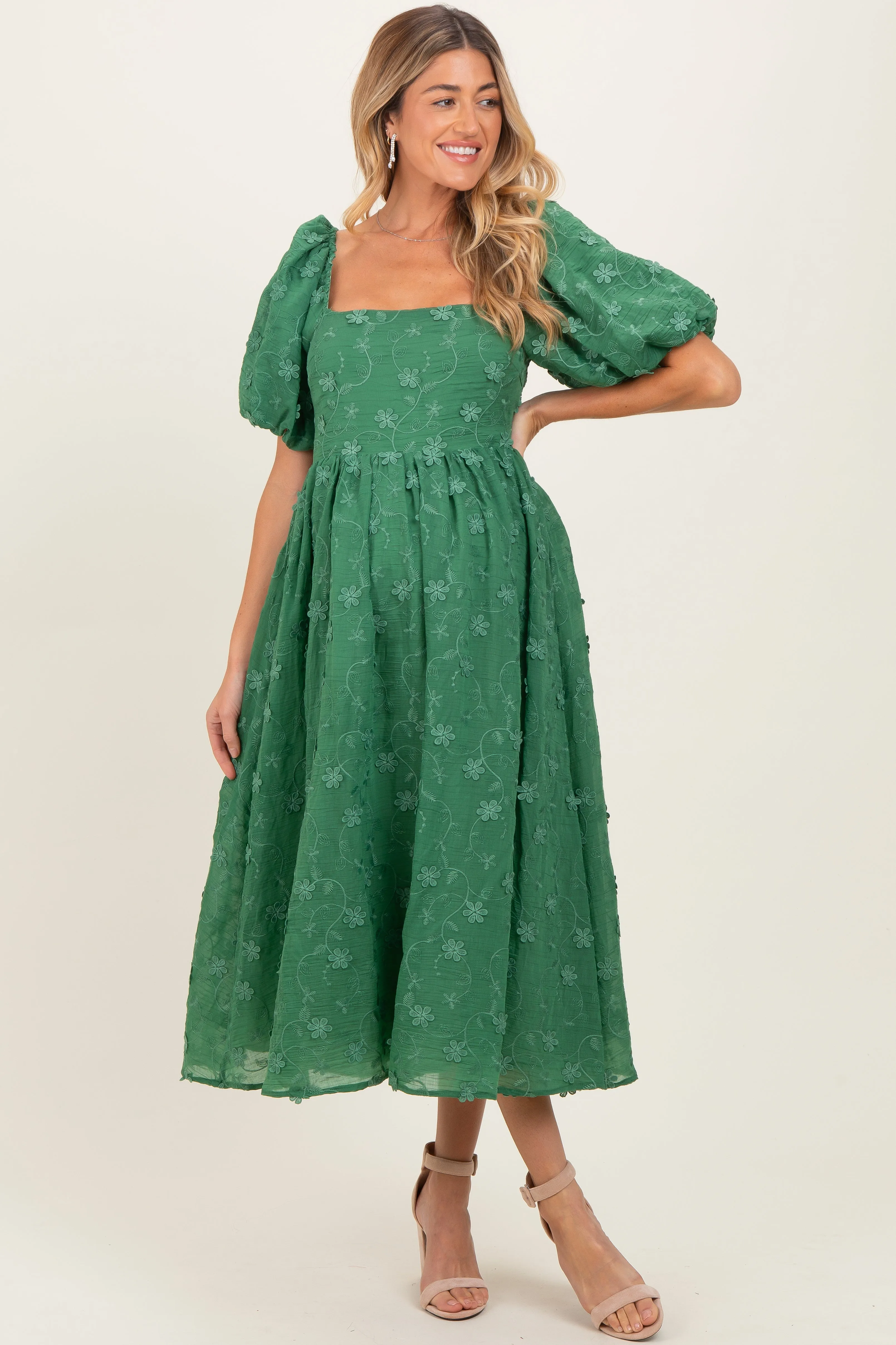 Forest Green Embroidered Floral Puff Sleeve Maternity Midi Dress sold by Pinkblush product image thumbnail 2