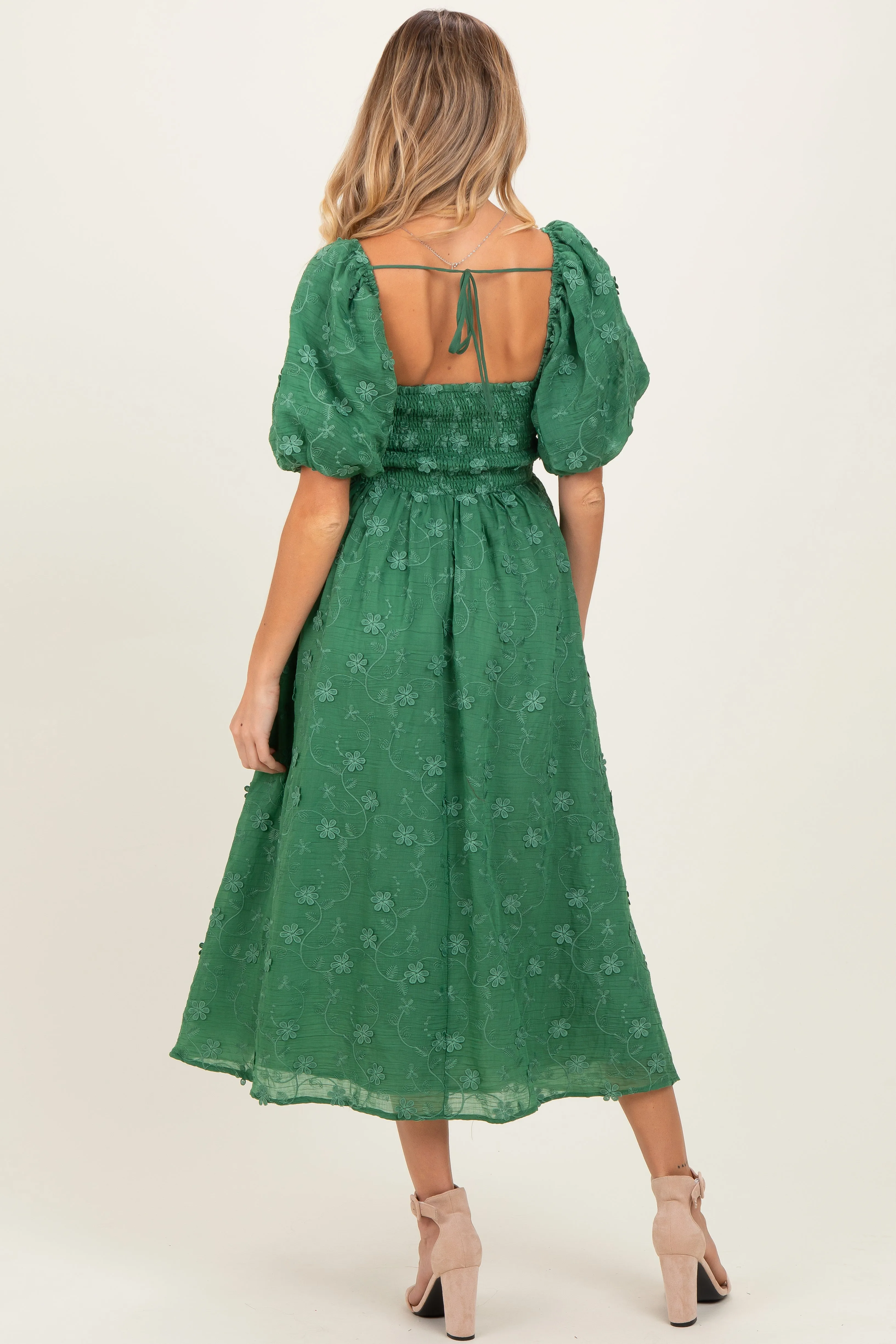Forest Green Embroidered Floral Puff Sleeve Maternity Midi Dress sold by Pinkblush product image thumbnail 3