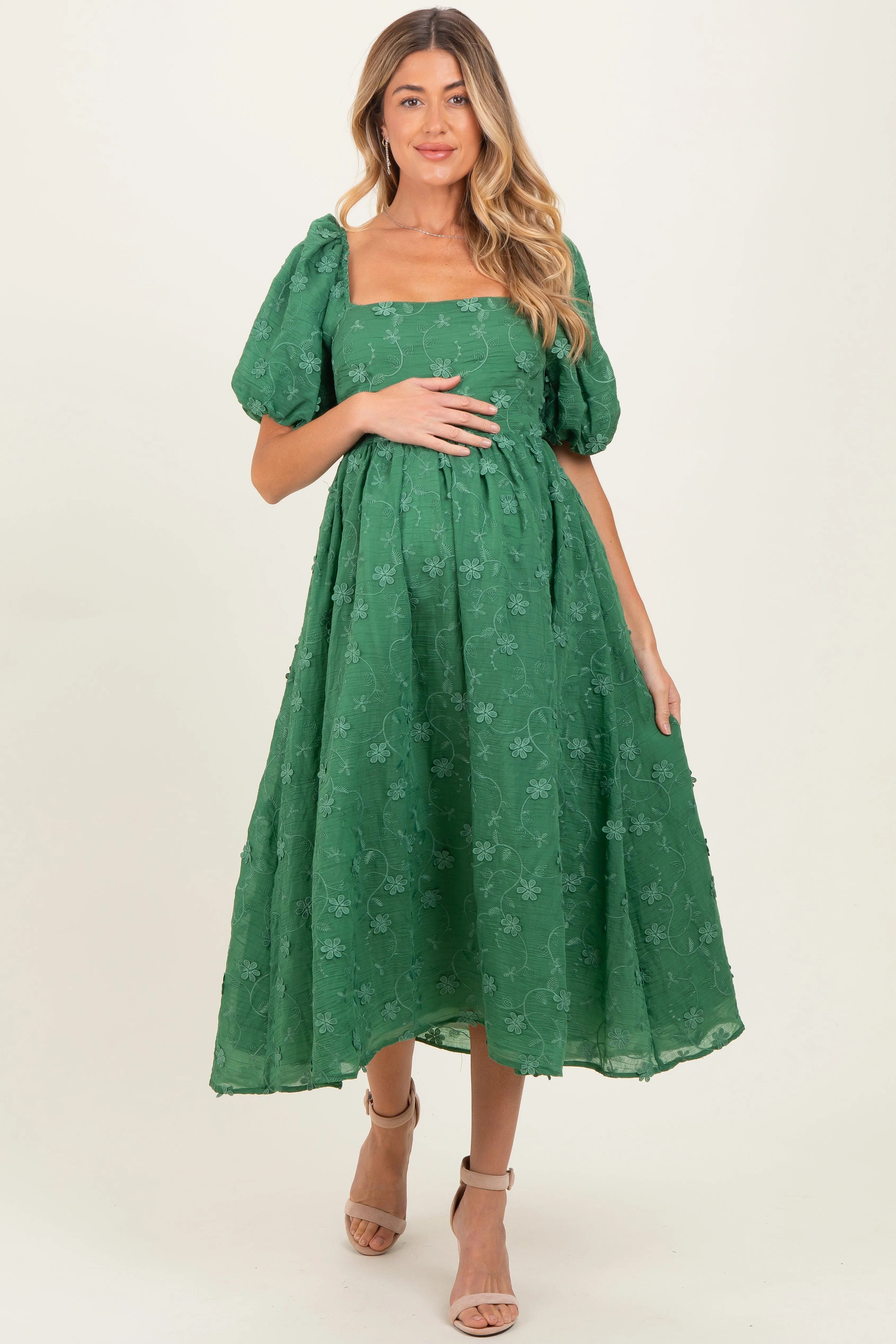 Forest Green Embroidered Floral Puff Sleeve Maternity Midi Dress sold by Pinkblush
