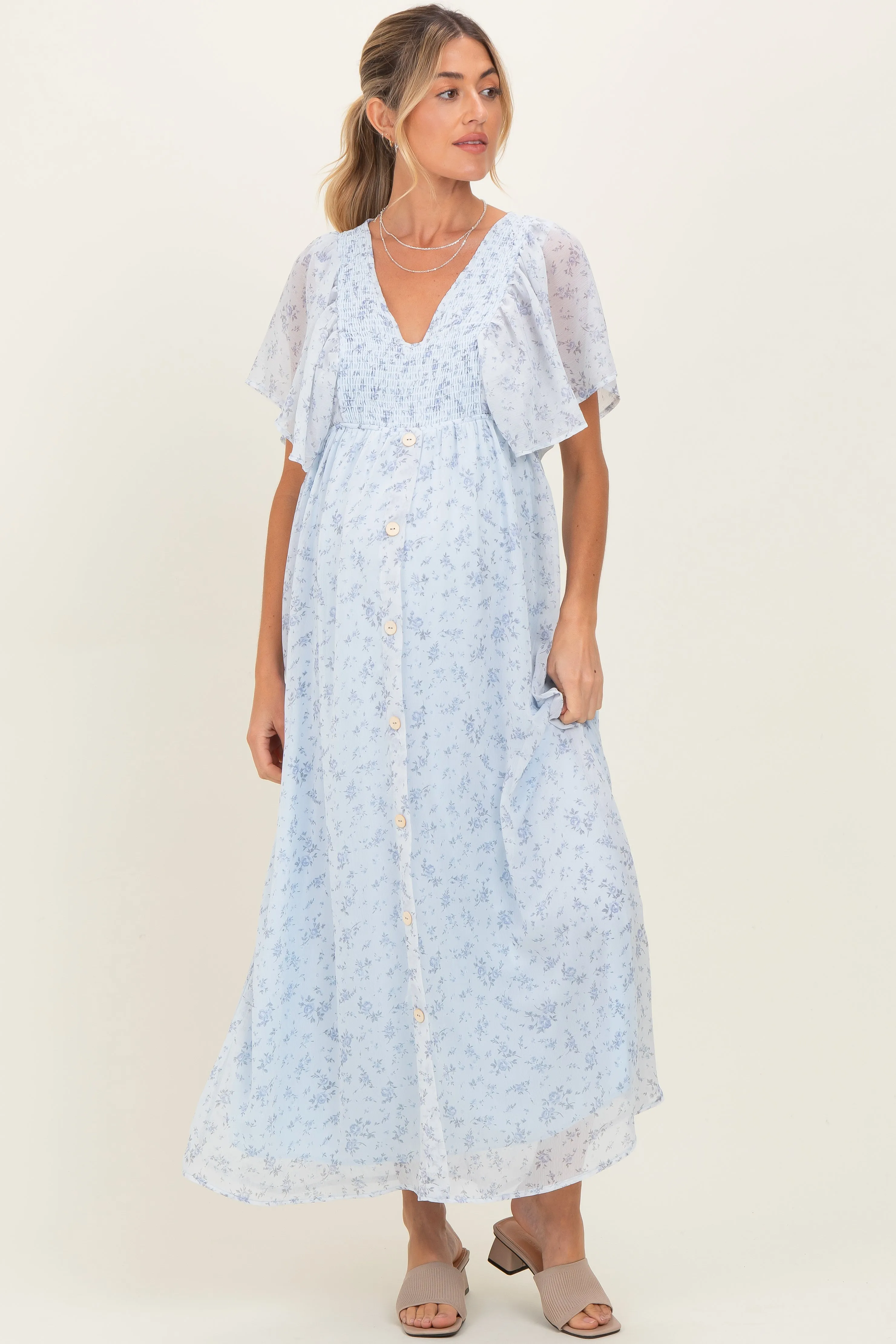 Blue Floral Chiffon Short Sleeve V-Neck Smocked Top Maternity Maxi Dress sold by Pinkblush