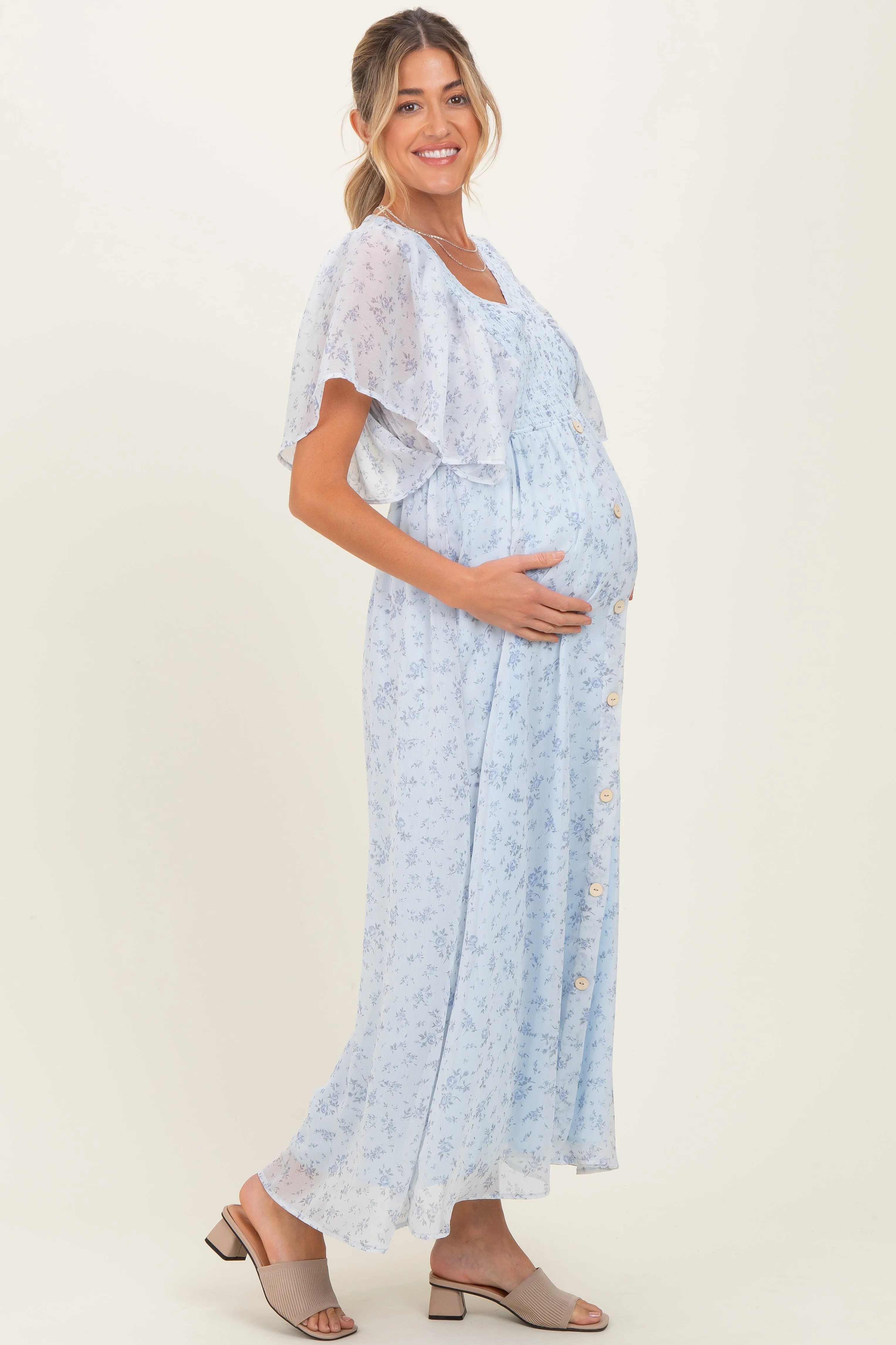 Blue Floral Chiffon Short Sleeve V-Neck Smocked Top Maternity Maxi Dress sold by Pinkblush product image thumbnail 2