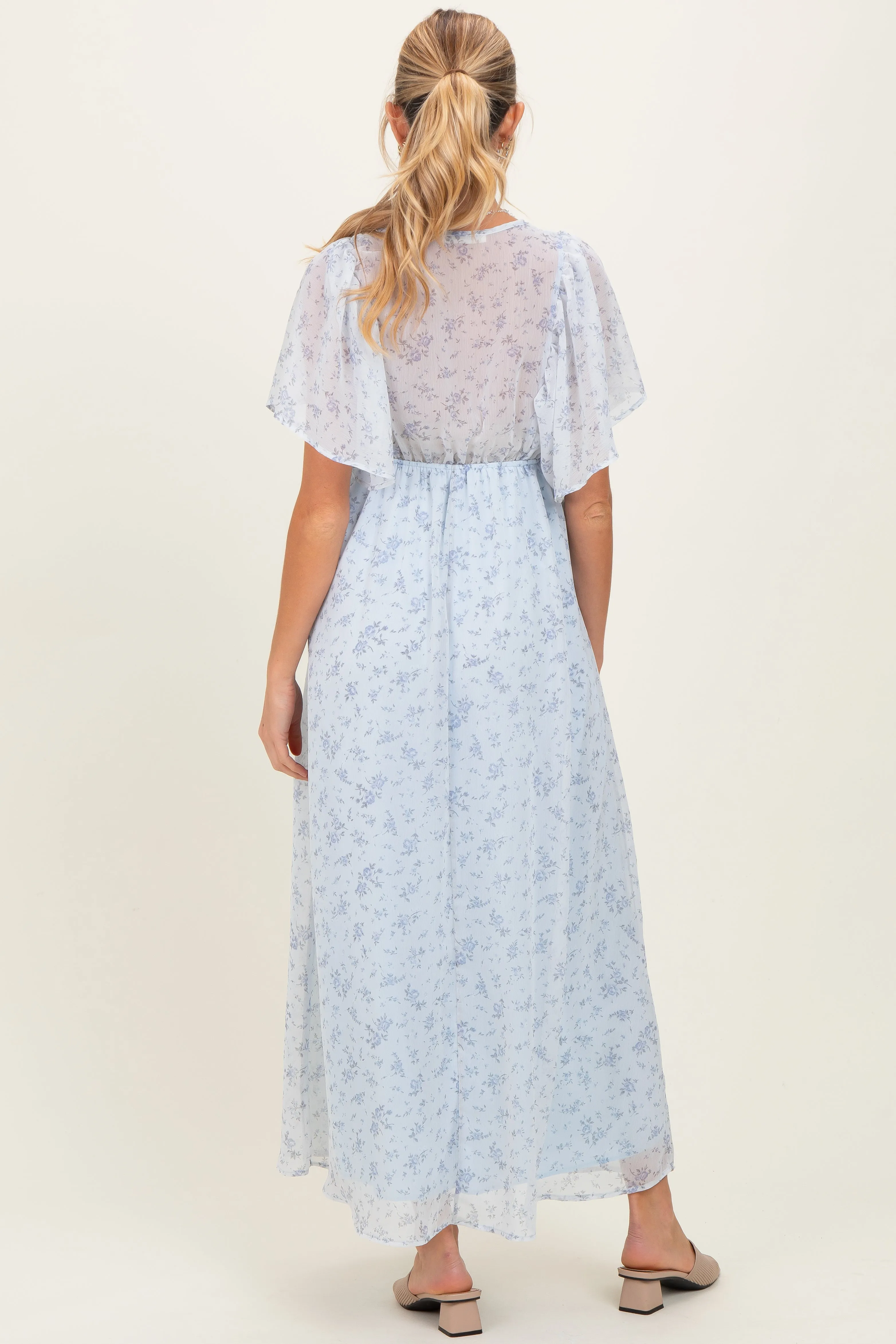 Blue Floral Chiffon Short Sleeve V-Neck Smocked Top Maternity Maxi Dress sold by Pinkblush product image thumbnail 3