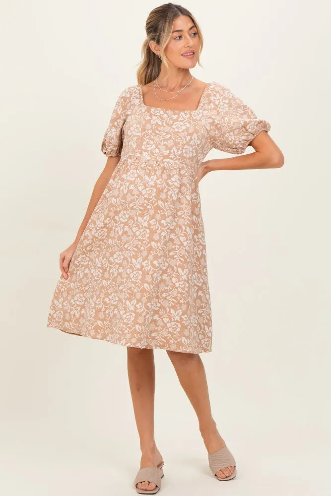 Taupe Floral Jacquard Square Neck Maternity Dress sold by Pinkblush