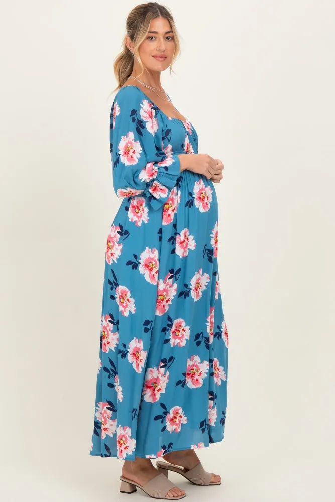 Light Blue Floral Long Sleeve Square Neck Smocked Maternity Maxi Dress sold by Pinkblush product image thumbnail 3