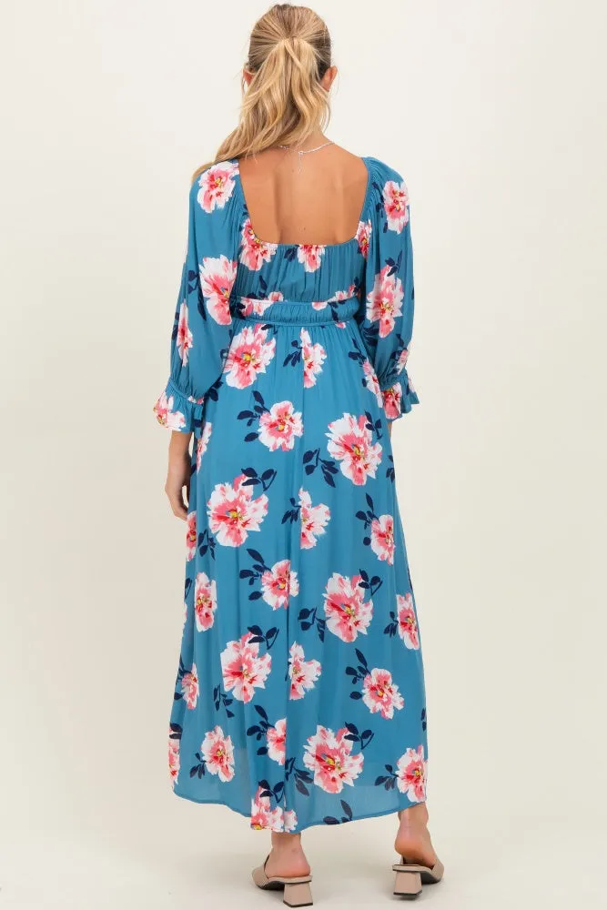 Light Blue Floral Long Sleeve Square Neck Smocked Maternity Maxi Dress sold by Pinkblush product image thumbnail 4