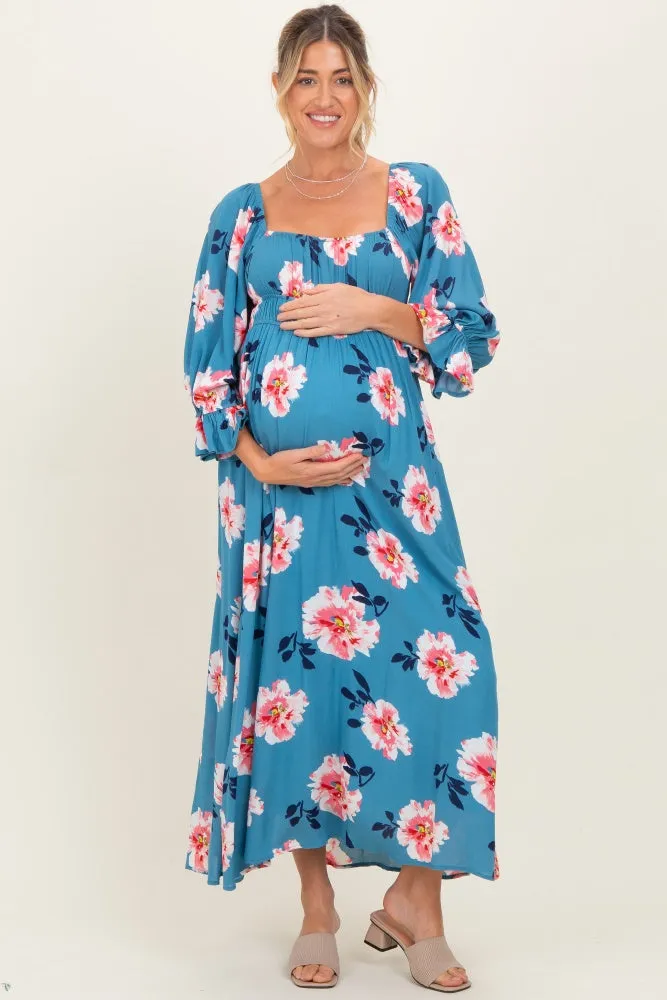Light Blue Floral Long Sleeve Square Neck Smocked Maternity Maxi Dress sold by Pinkblush