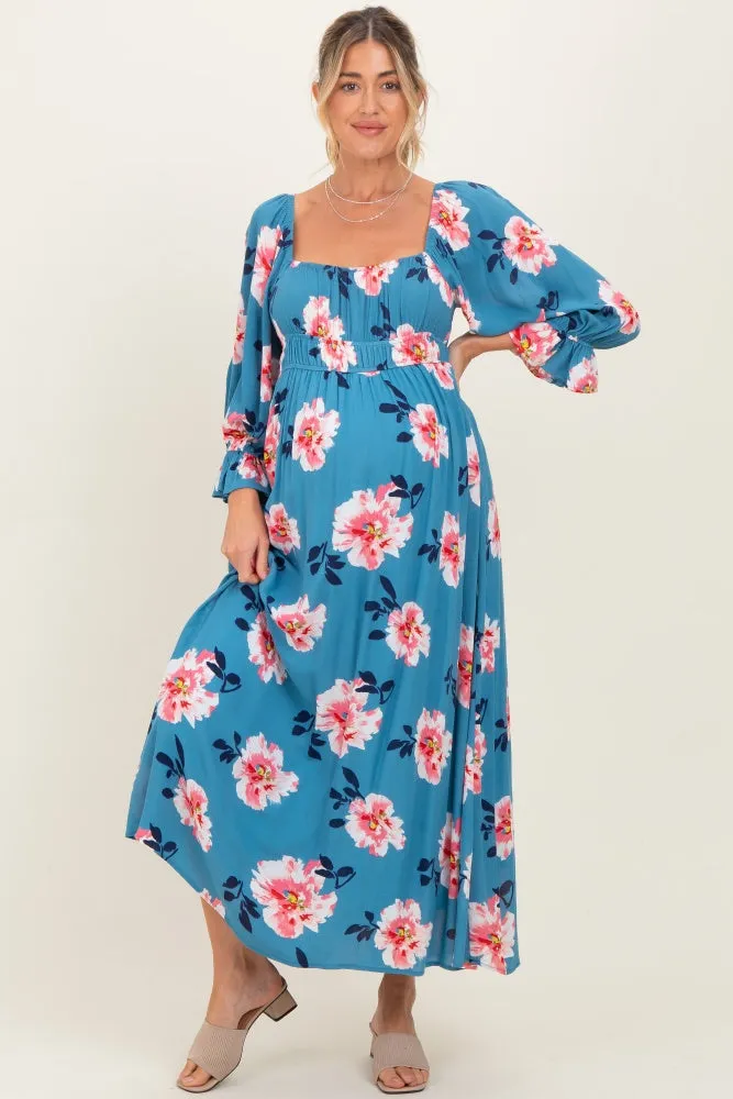 Light Blue Floral Long Sleeve Square Neck Smocked Maternity Maxi Dress sold by Pinkblush product image thumbnail 2