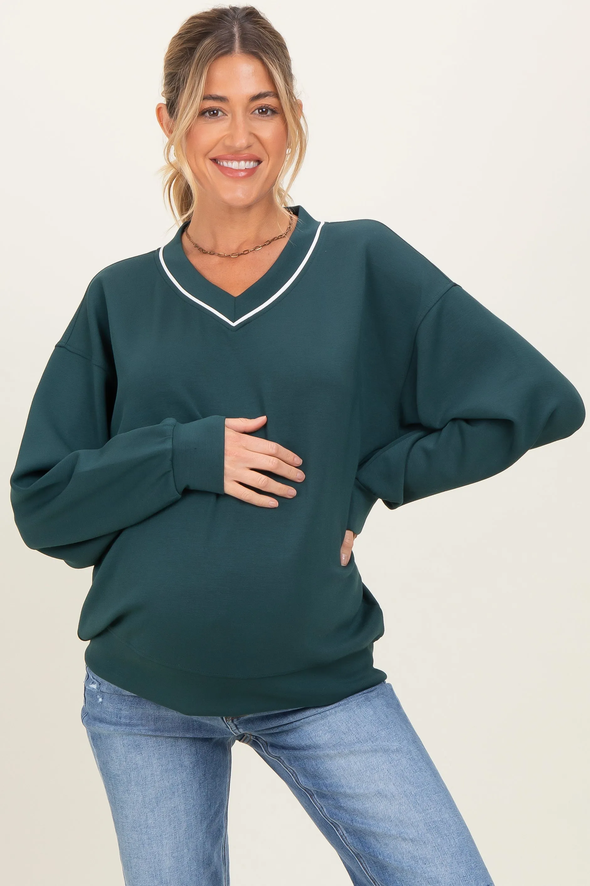 Forest Green V-Neck Maternity Sweatshirt sold by Pinkblush