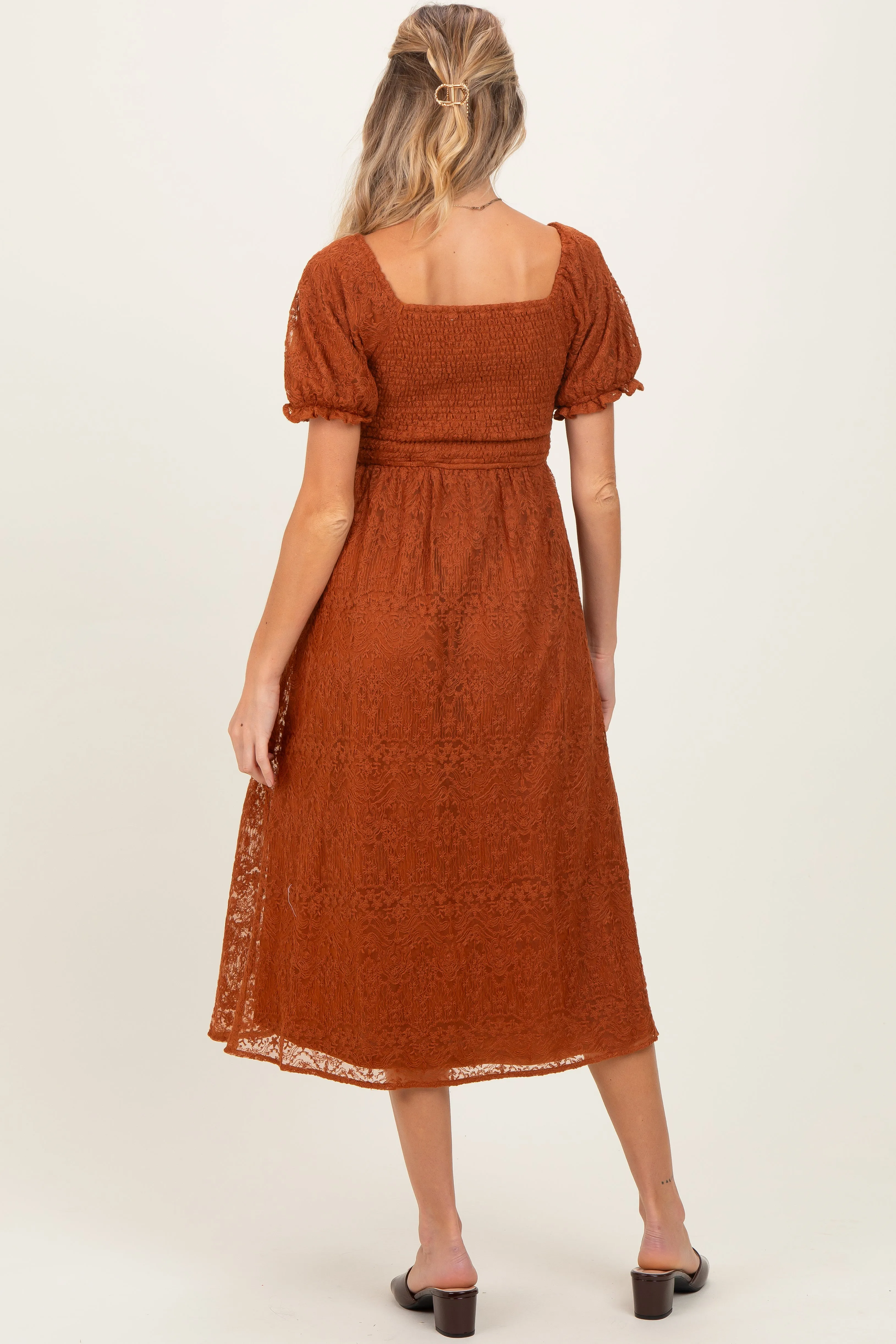 Rust Embroidered Mesh Short Sleeve Maternity Midi Dress sold by Pinkblush product image thumbnail 4