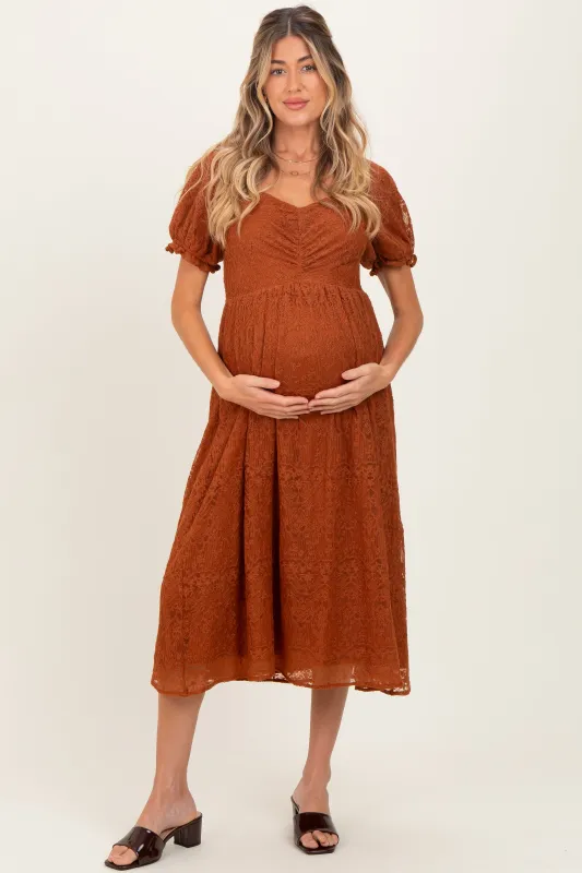 Rust Embroidered Mesh Short Sleeve Maternity Midi Dress sold by Pinkblush