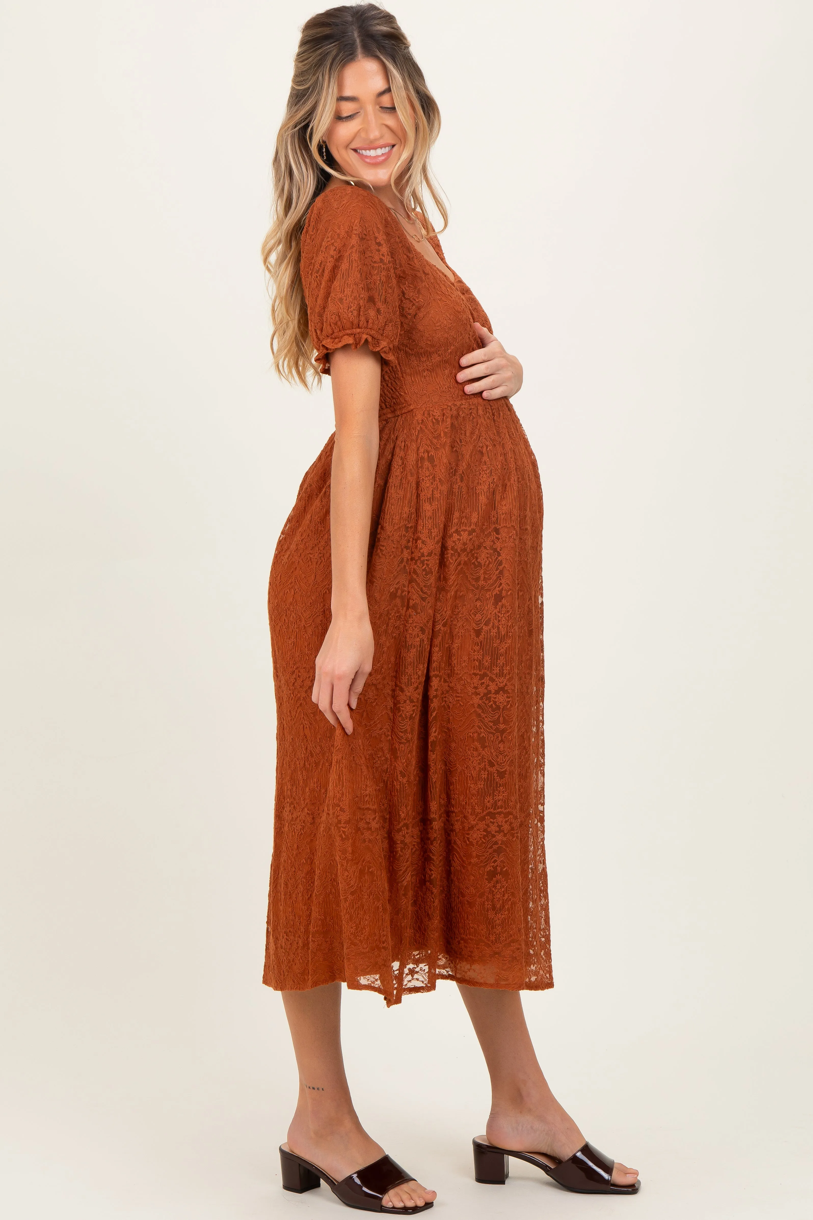 Rust Embroidered Mesh Short Sleeve Maternity Midi Dress sold by Pinkblush product image thumbnail 3