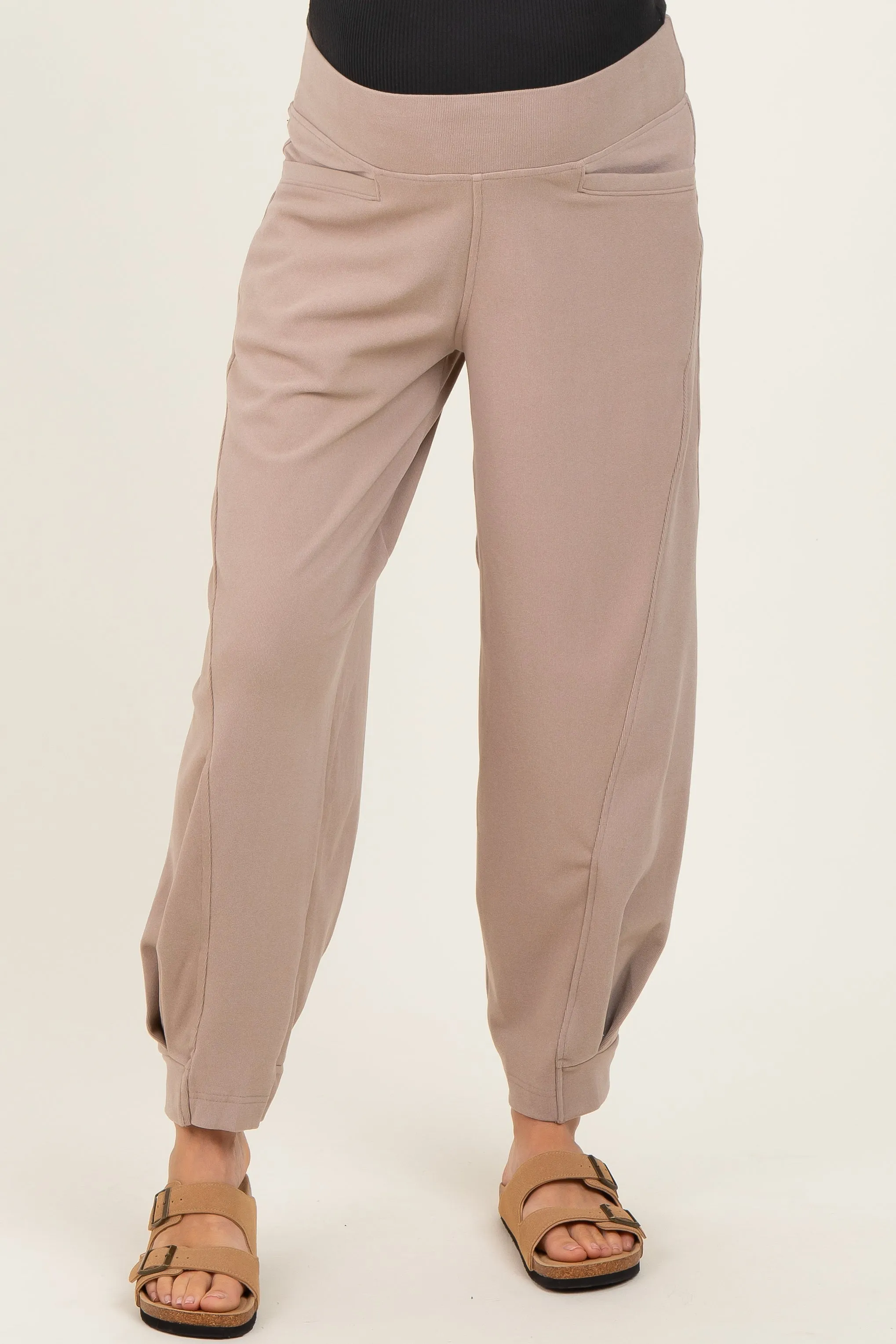 Light Taupe Brushed Knit Barrel Leg Maternity Joggers sold by Pinkblush product image thumbnail 3