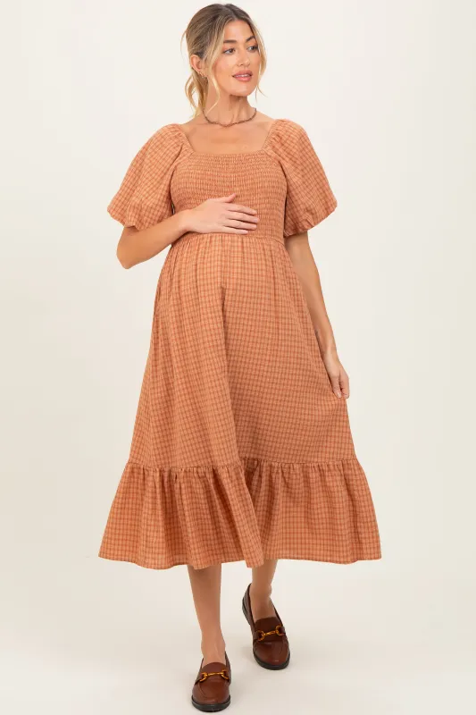 Camel Gingham Smocked Maternity Midi Dress sold by Pinkblush