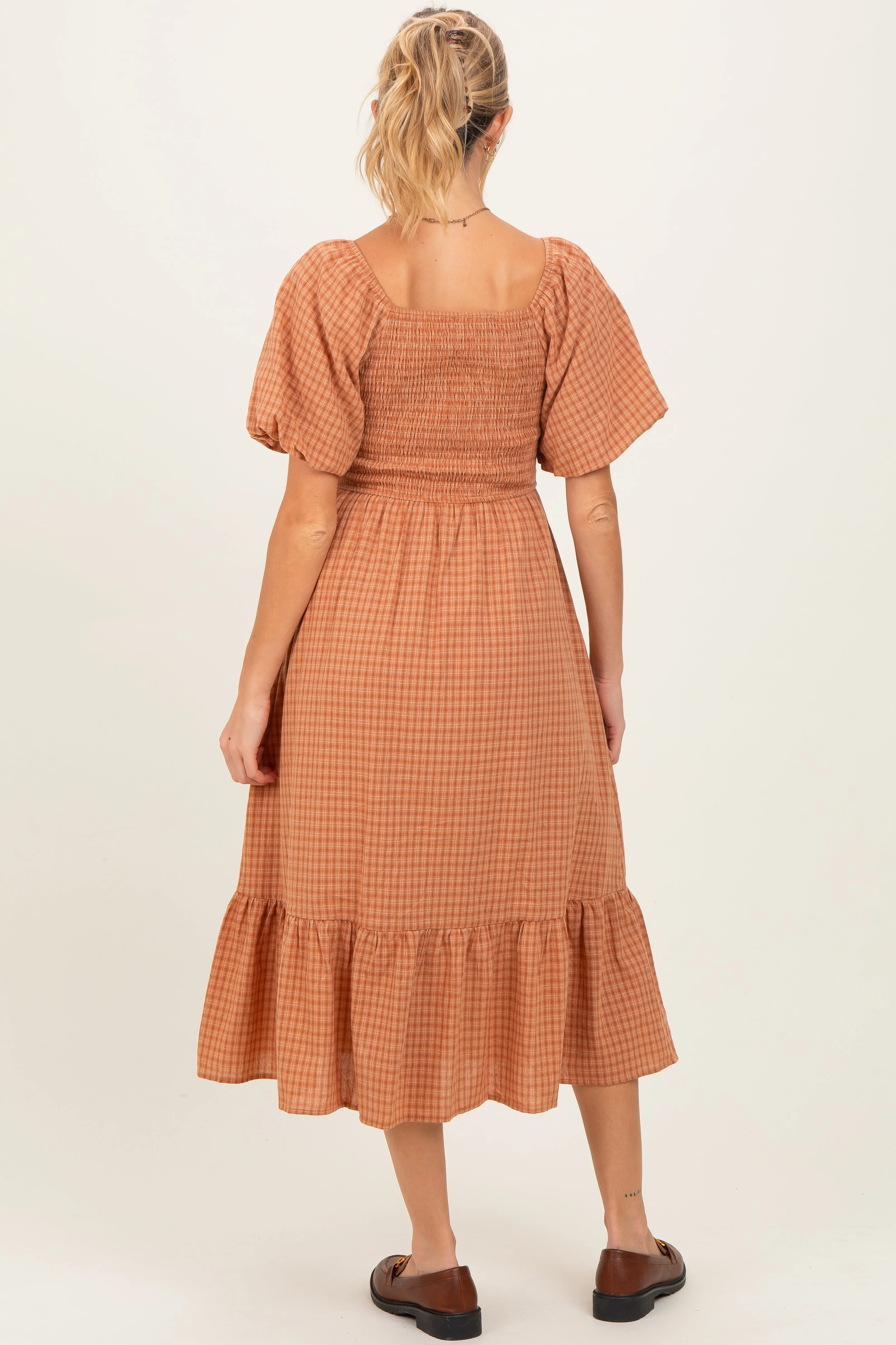 Camel Gingham Smocked Maternity Midi Dress sold by Pinkblush product image thumbnail 2