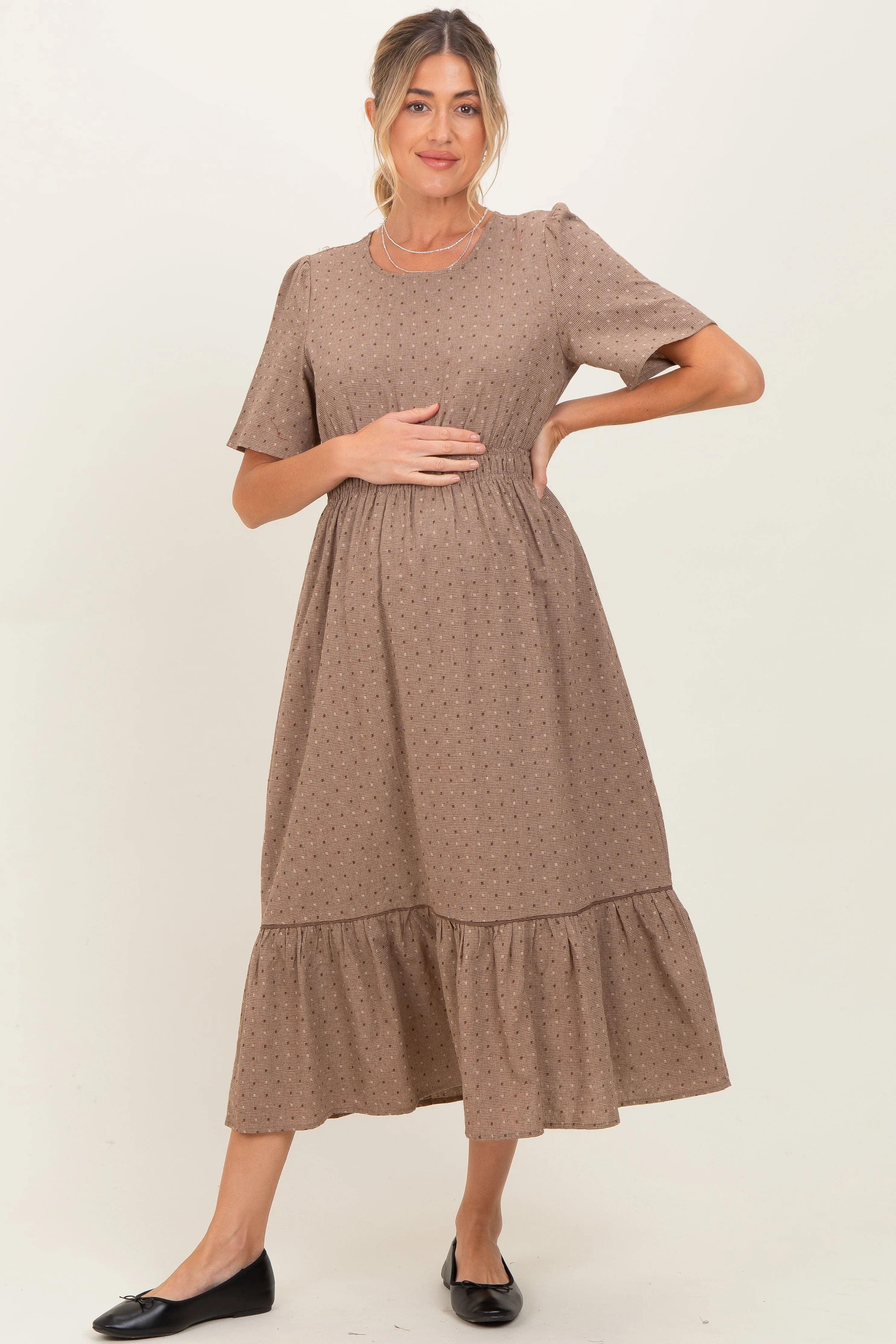 Brown Houndstooth Lace Maternity Midi Dress sold by Pinkblush
