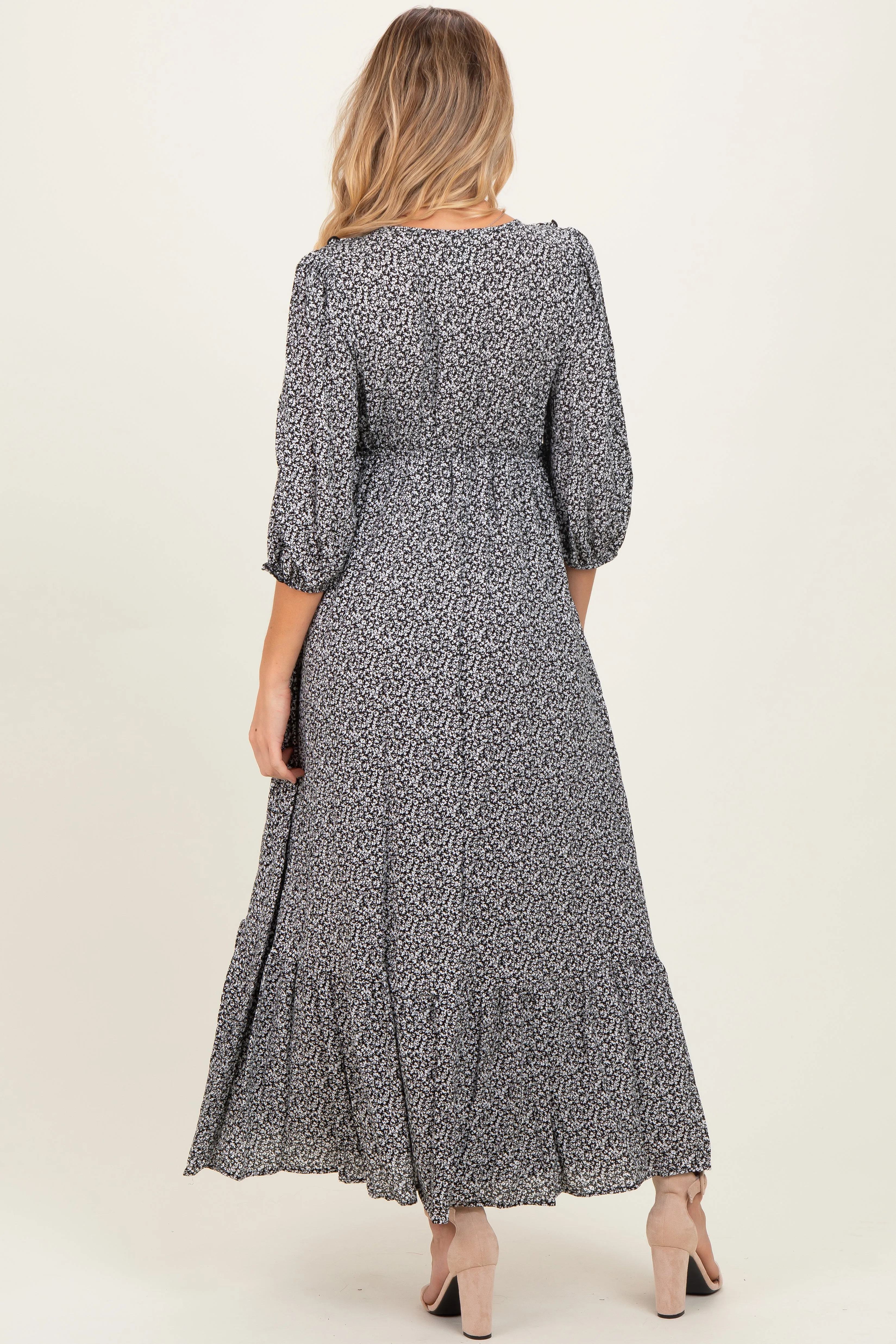 Black Ditzy Floral Long Sleeve Ruffle V-Neck Tiered Maternity Maxi Dress sold by Pinkblush product image thumbnail 4