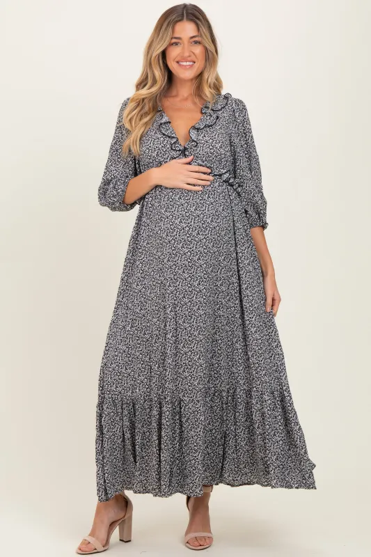 Black Ditzy Floral Long Sleeve Ruffle V-Neck Tiered Maternity Maxi Dress sold by Pinkblush
