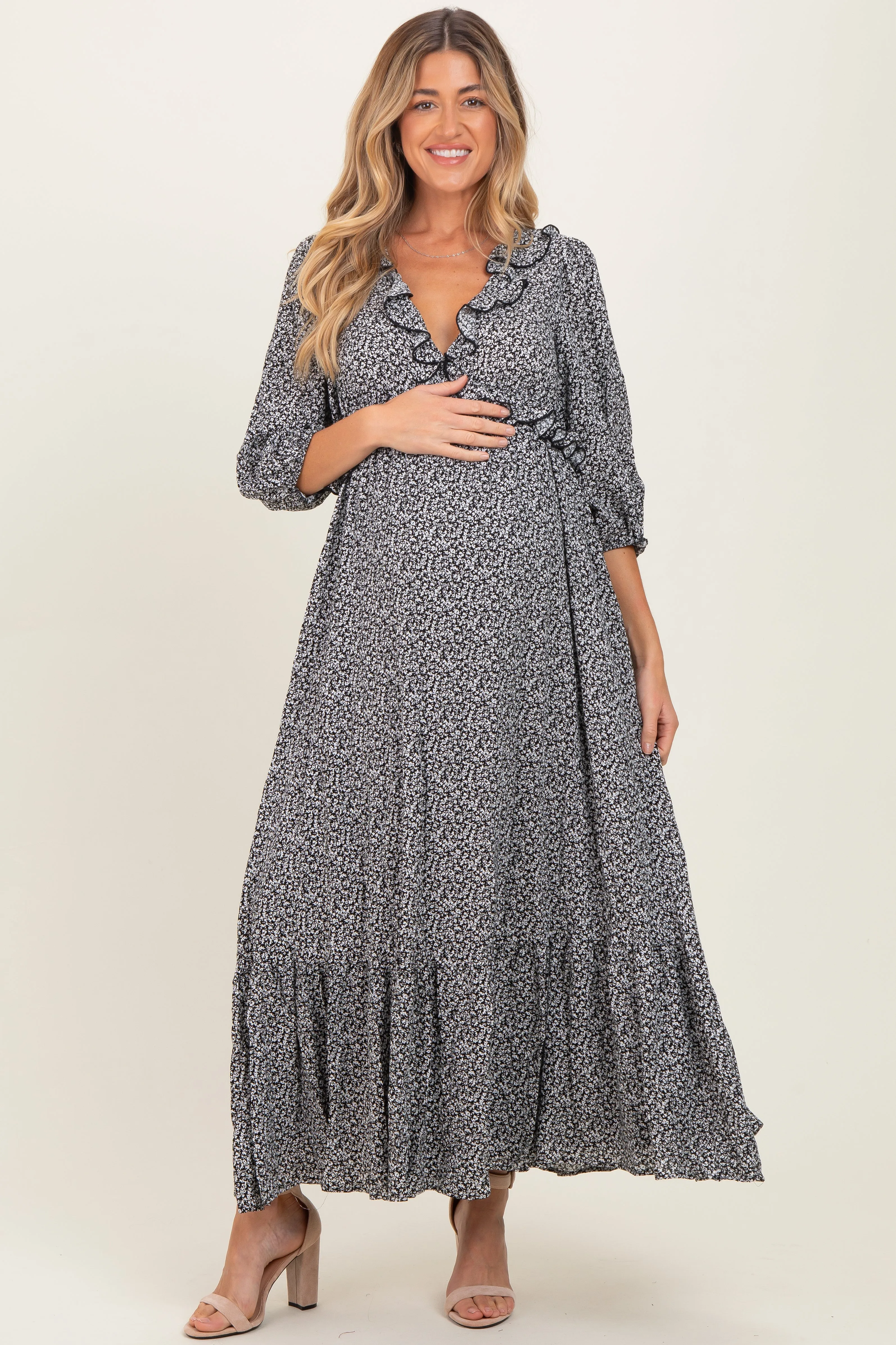 Black Ditzy Floral Long Sleeve Ruffle V-Neck Tiered Maternity Maxi Dress sold by Pinkblush