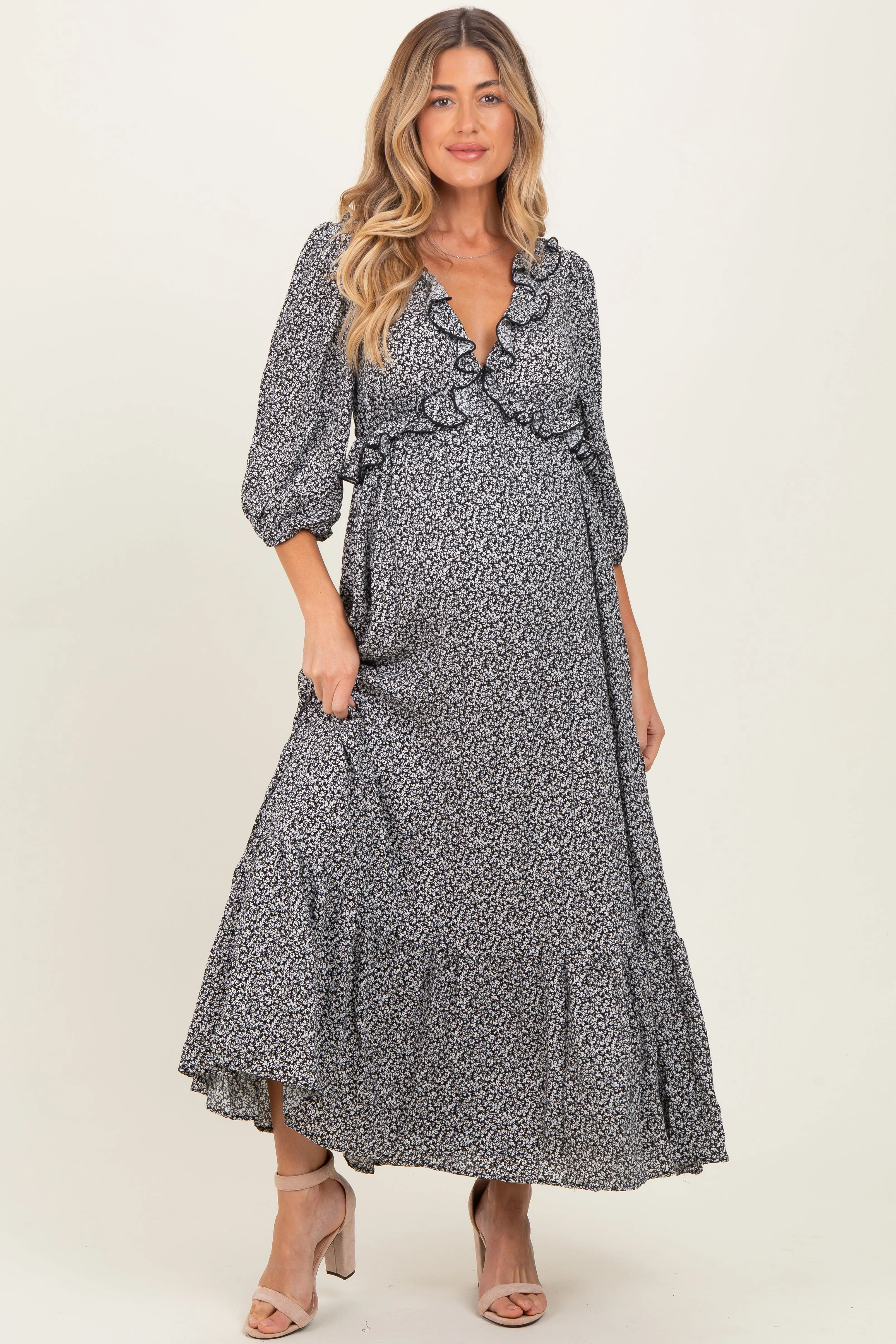 Black Ditzy Floral Long Sleeve Ruffle V-Neck Tiered Maternity Maxi Dress sold by Pinkblush product image thumbnail 2