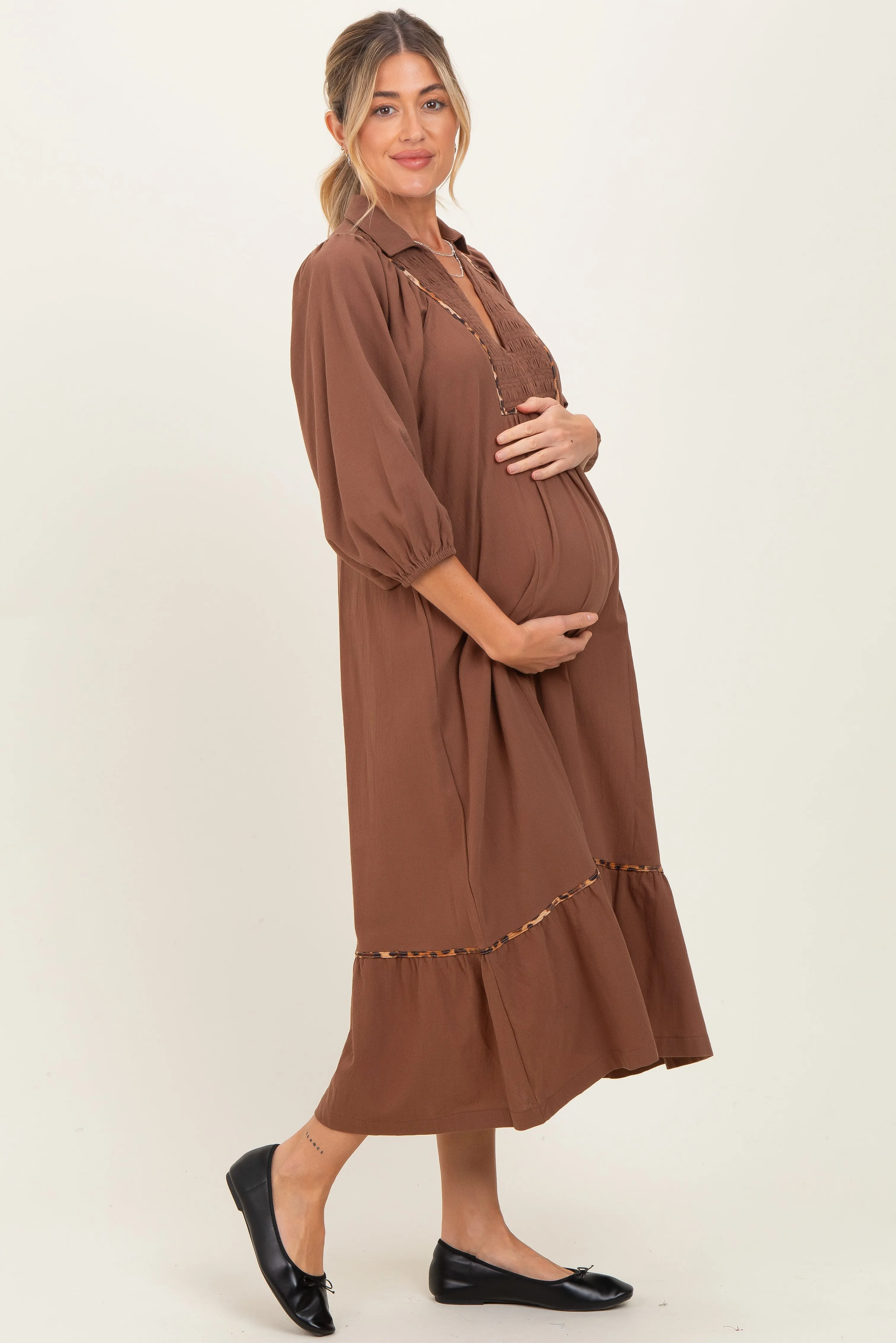 Brown V-Neck Contrast Trim 3/4 Sleeve Maternity Midi Dress sold by Pinkblush product image thumbnail 3