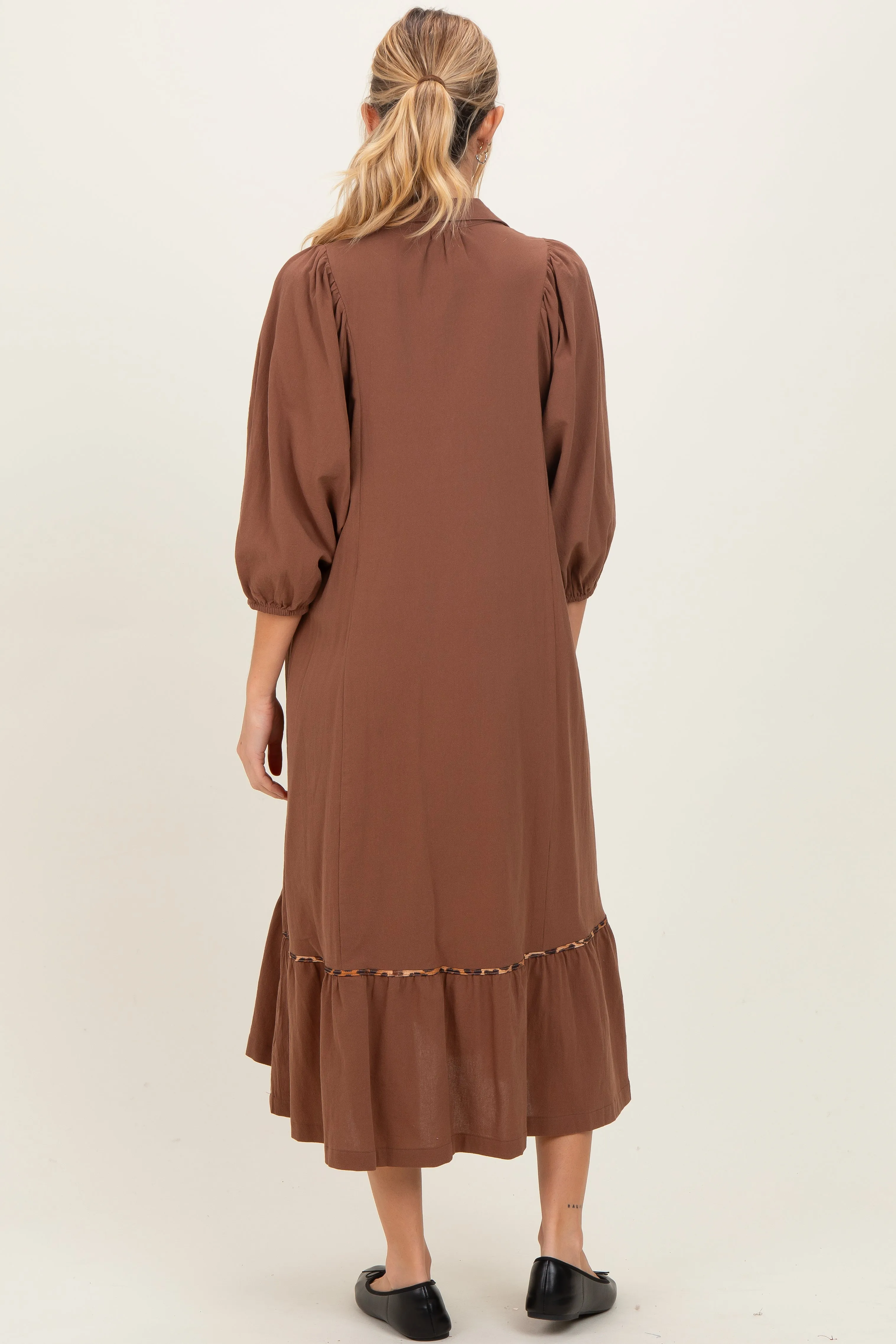 Brown V-Neck Contrast Trim 3/4 Sleeve Maternity Midi Dress sold by Pinkblush product image thumbnail 4