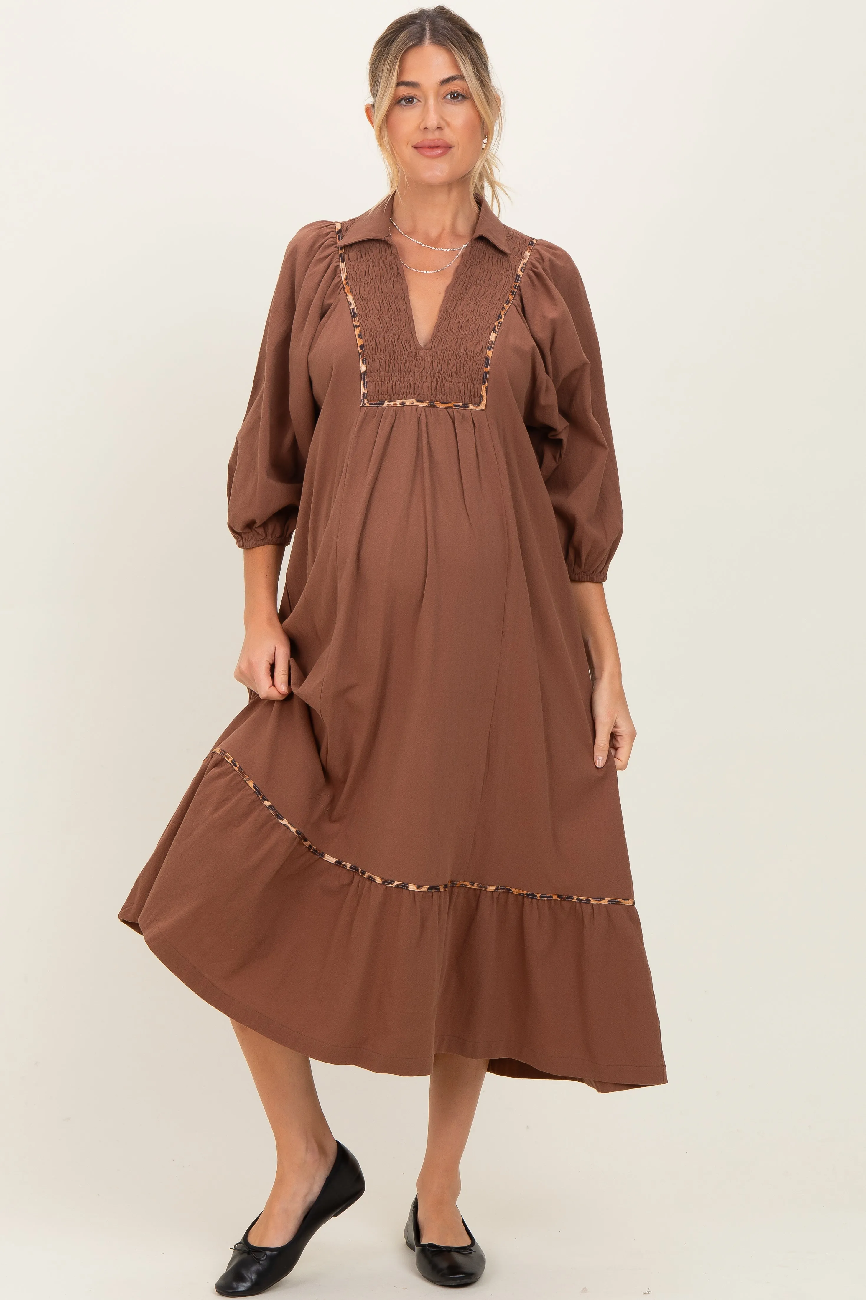 Brown V-Neck Contrast Trim 3/4 Sleeve Maternity Midi Dress sold by Pinkblush