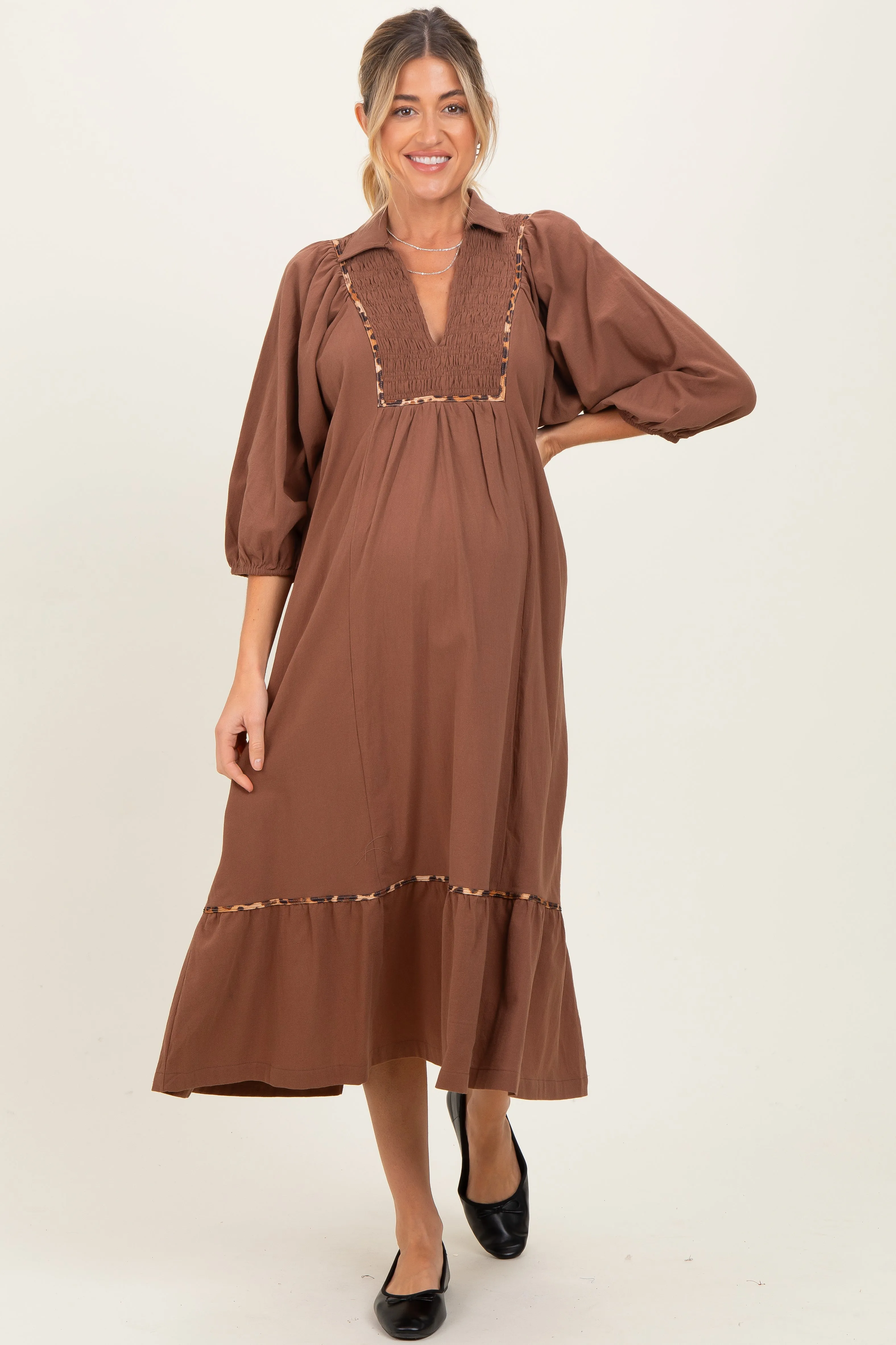 Brown V-Neck Contrast Trim 3/4 Sleeve Maternity Midi Dress sold by Pinkblush product image thumbnail 2