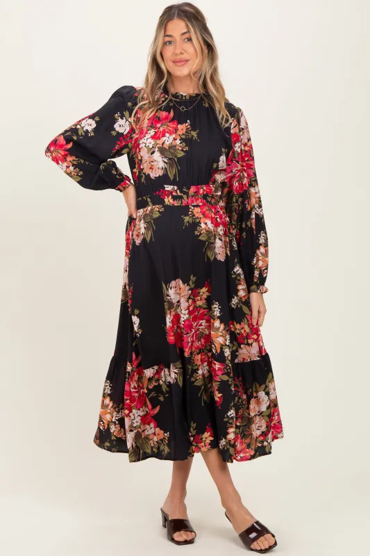 Black Floral Long Sleeve Maternity Midi Dress sold by Pinkblush