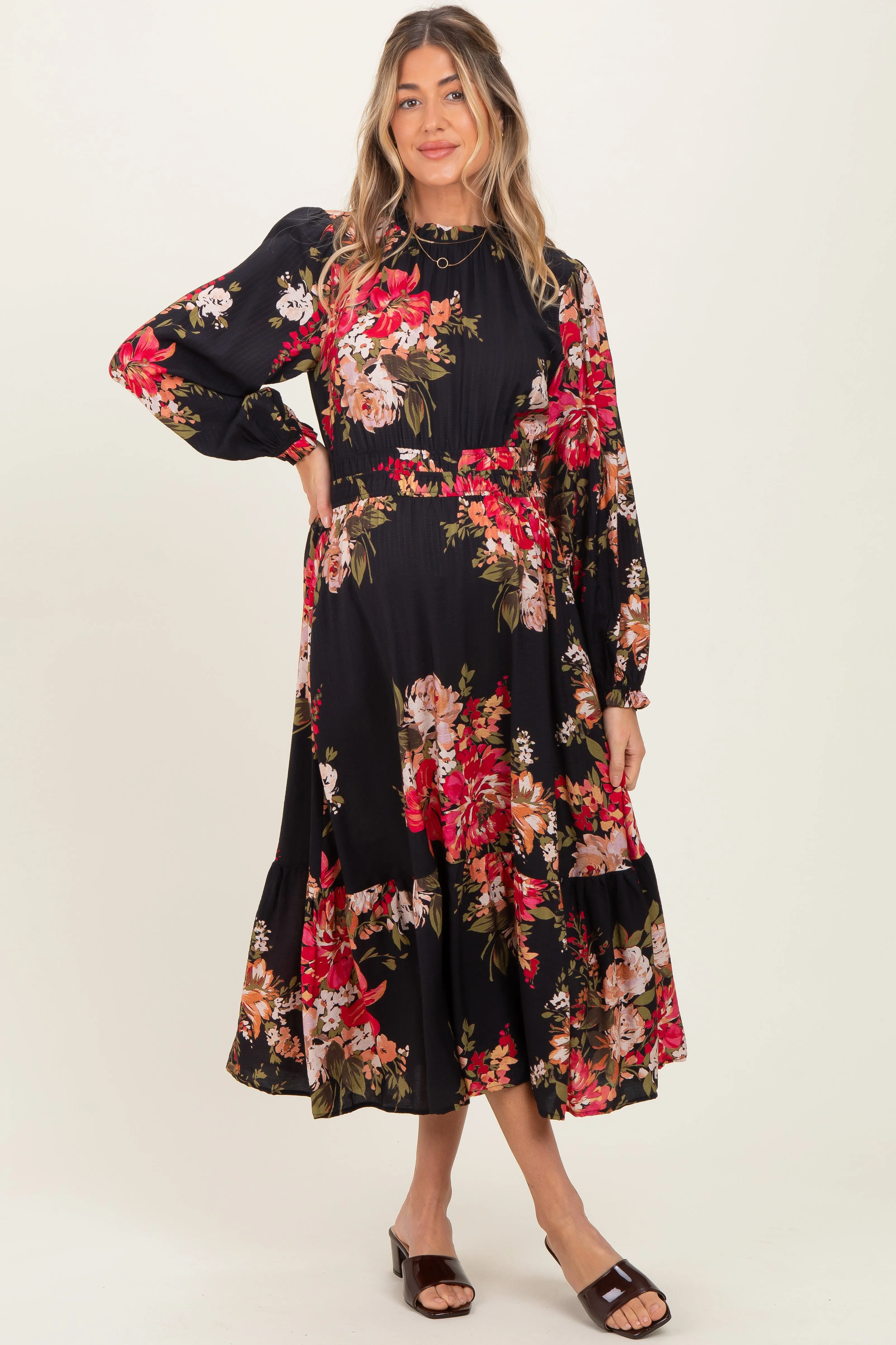 Black Floral Long Sleeve Maternity Midi Dress sold by Pinkblush