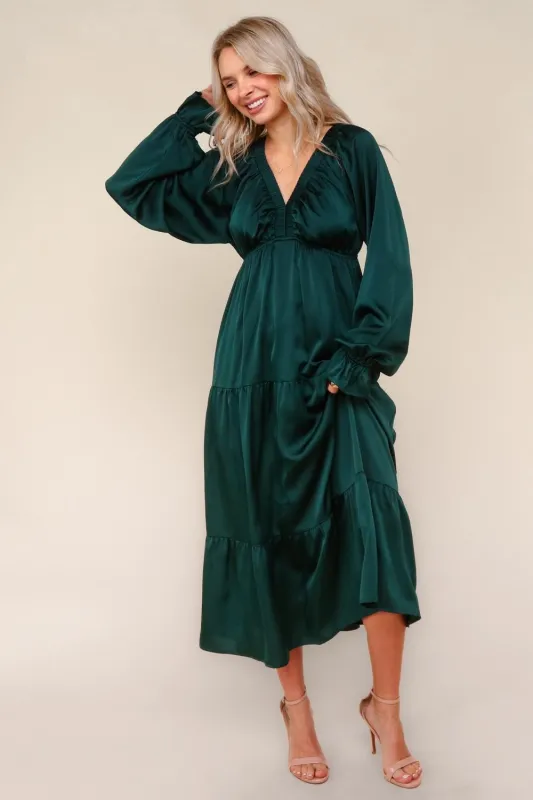 Hunter Green Solid V-Neck Satin Long Sleeve Maxi Dress sold by Pinkblush