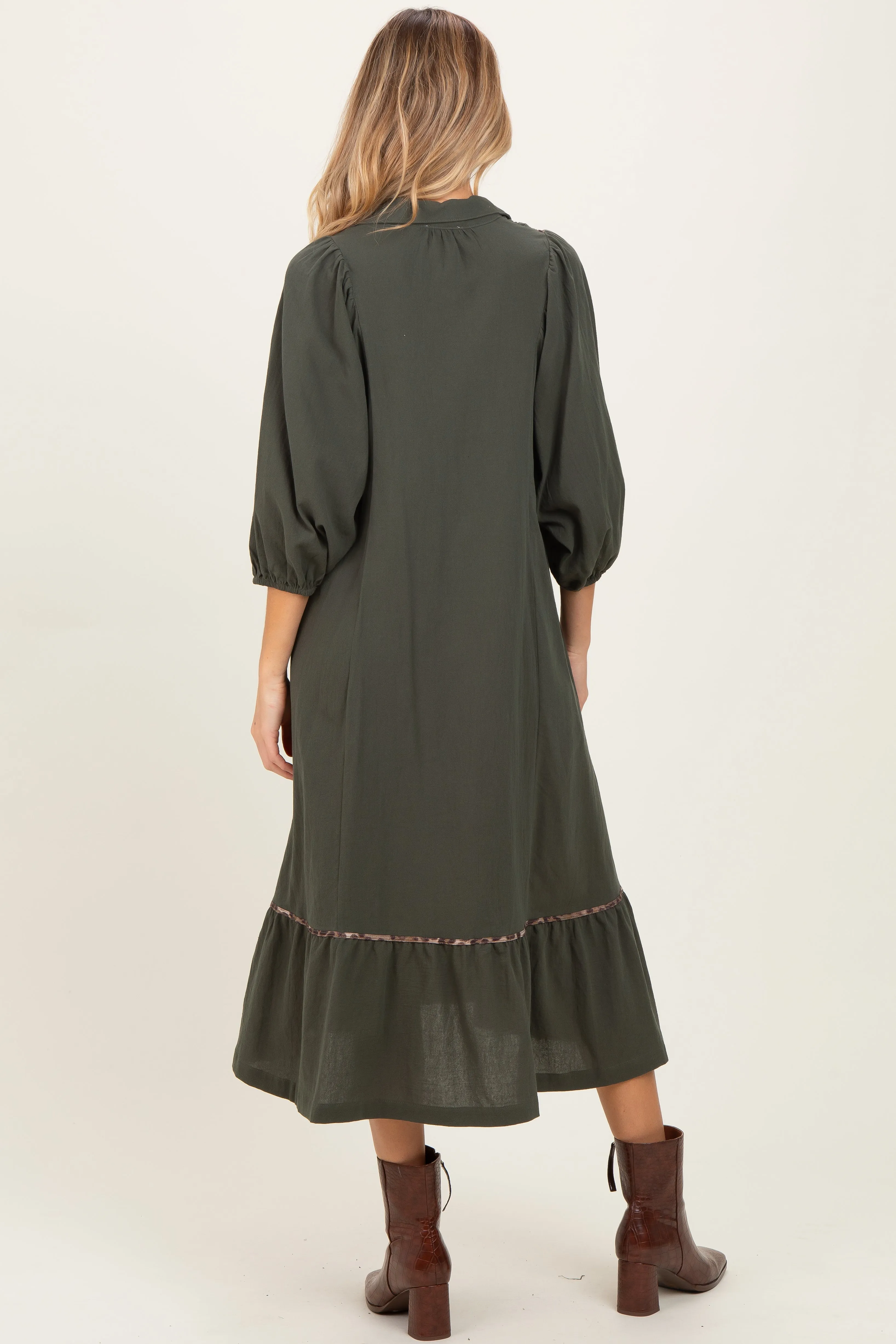 Olive V-Neck Contrast Trim 3/4 Sleeve Maternity Midi Dress sold by Pinkblush product image thumbnail 4