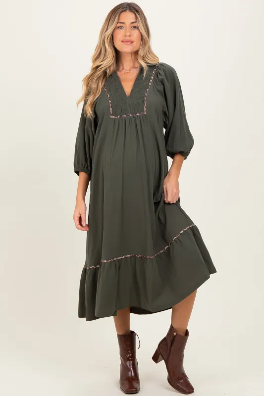 Olive V-Neck Contrast Trim 3/4 Sleeve Maternity Midi Dress sold by Pinkblush