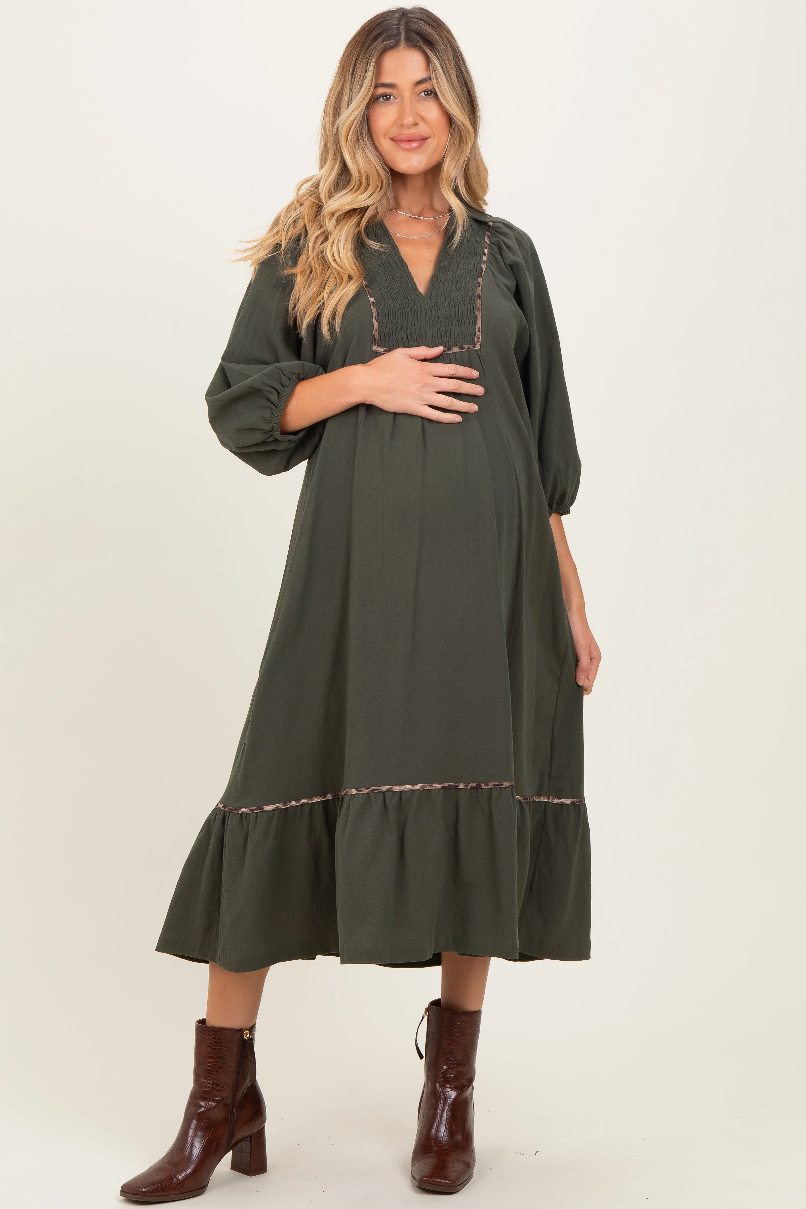 Olive V-Neck Contrast Trim 3/4 Sleeve Maternity Midi Dress sold by Pinkblush product image thumbnail 2