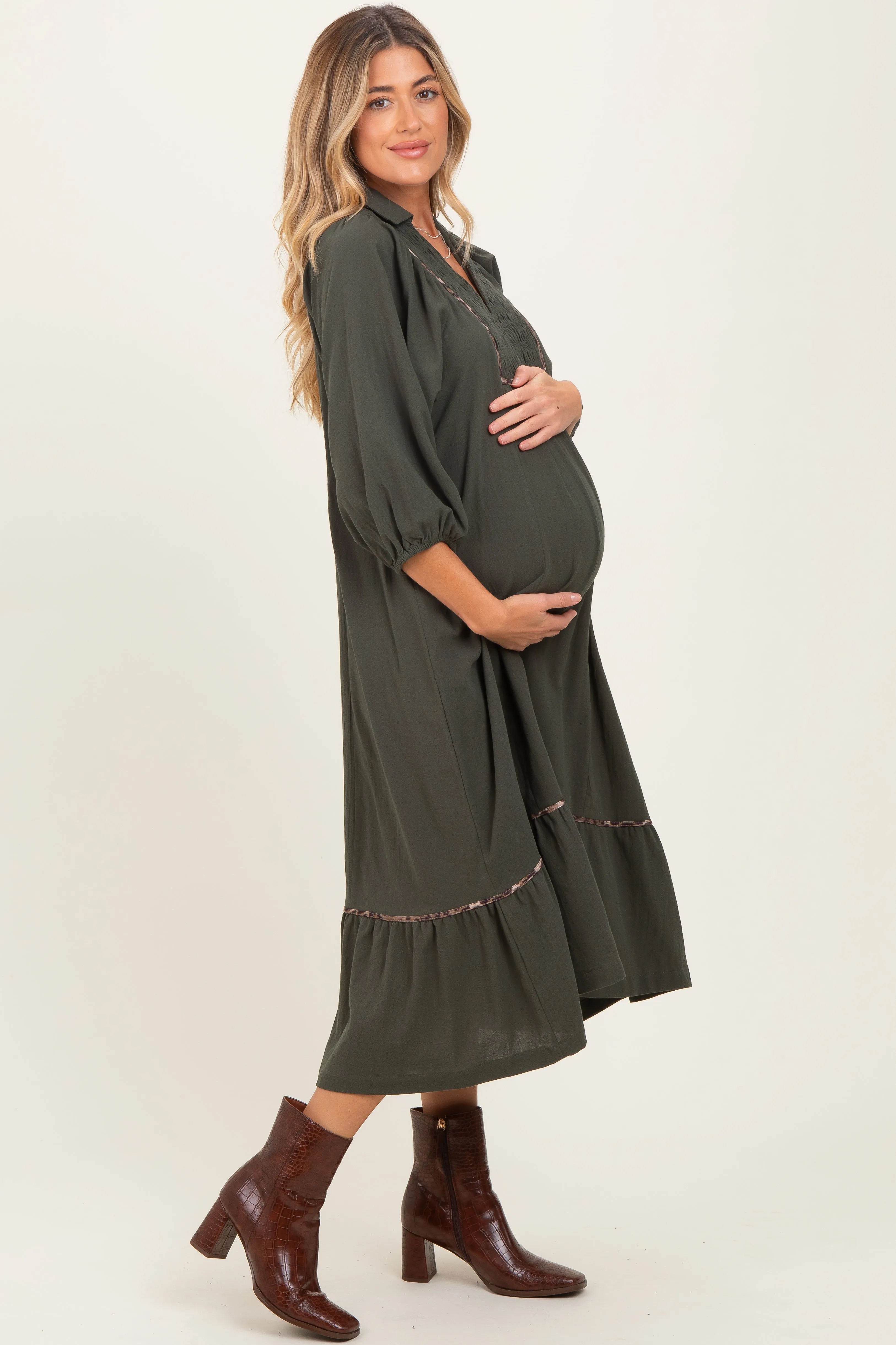 Olive V-Neck Contrast Trim 3/4 Sleeve Maternity Midi Dress sold by Pinkblush product image thumbnail 3