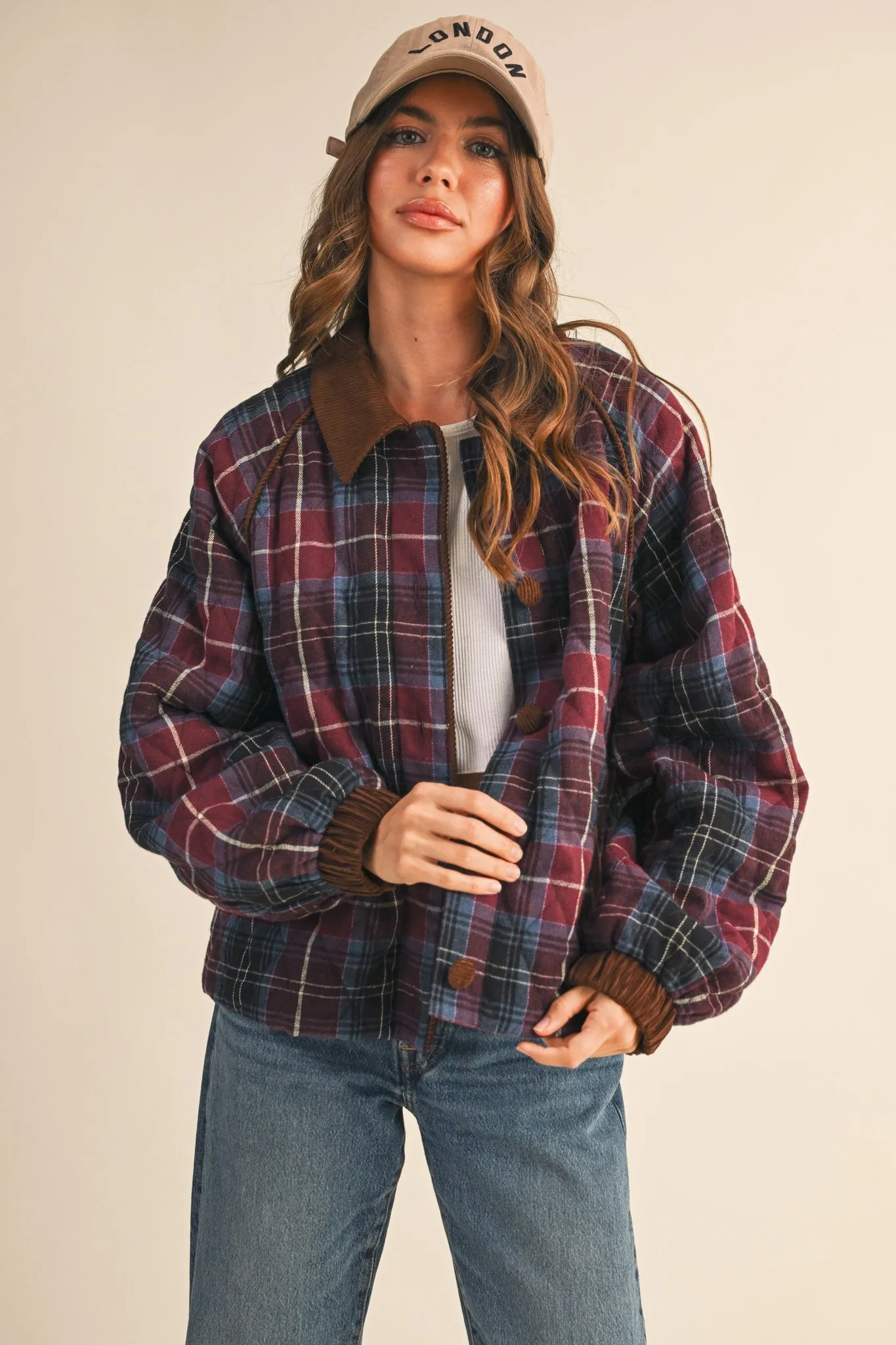 Plum Plaid Quilted Corduroy Contrast Maternity Jacket sold by Pinkblush product image thumbnail 4