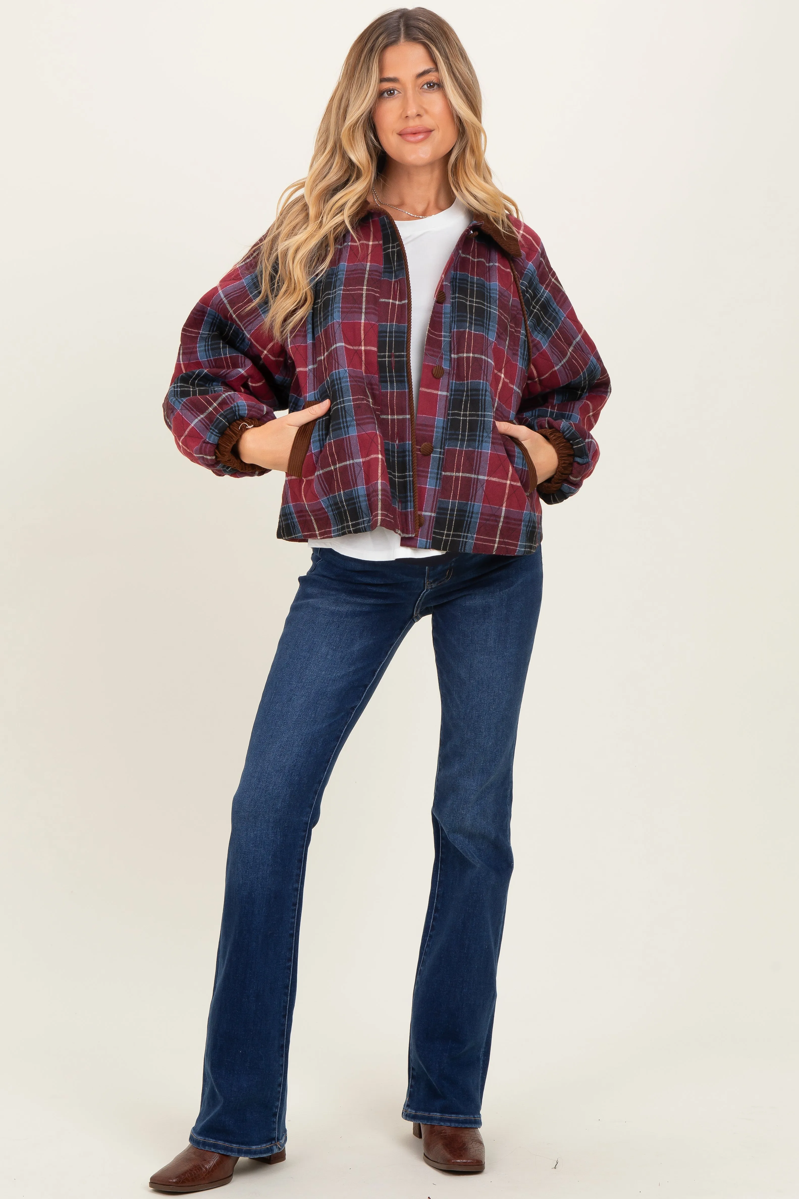 Plum Plaid Quilted Corduroy Contrast Maternity Jacket sold by Pinkblush