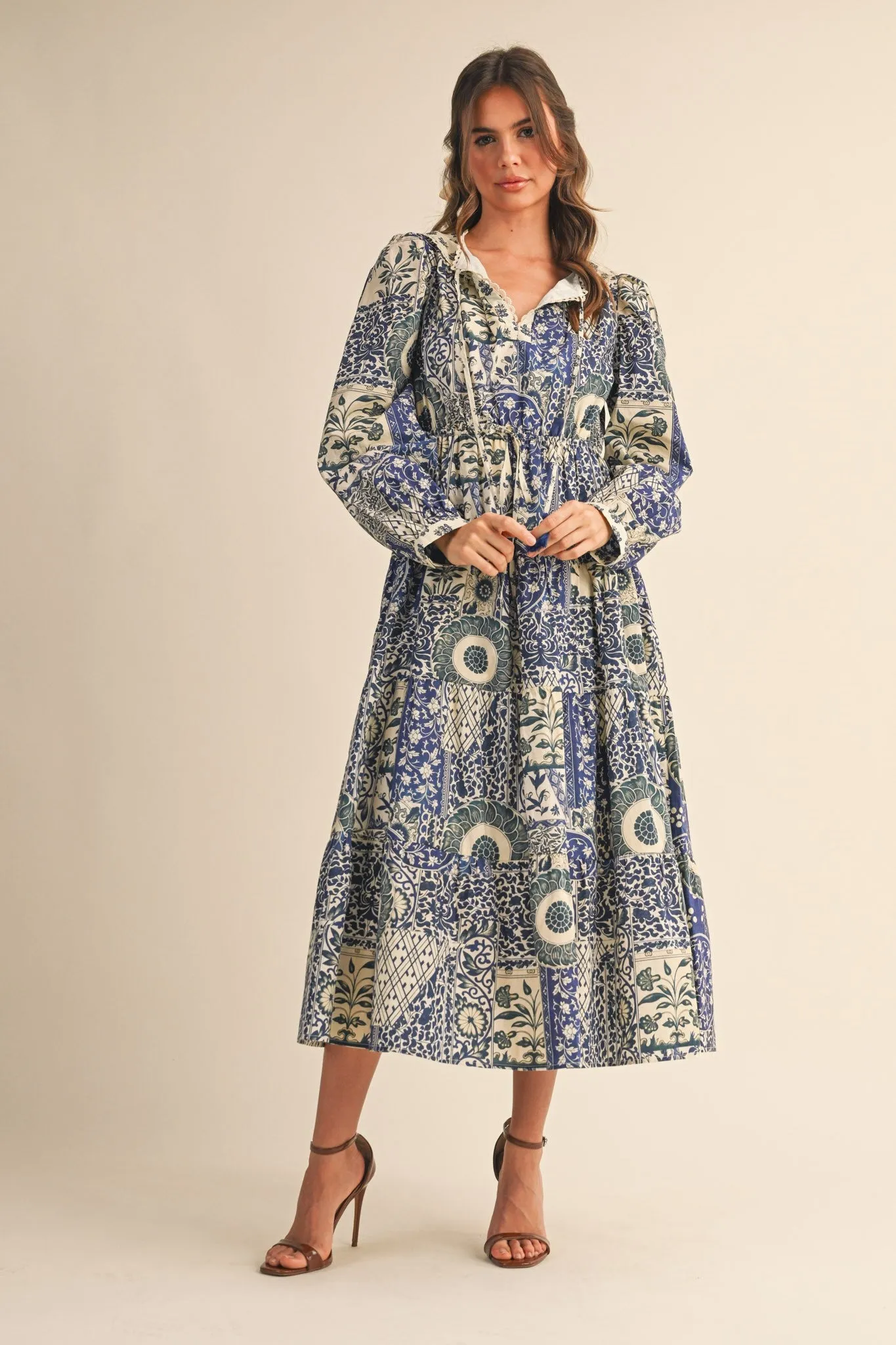 Blue Floral Patchwork Print Front Tie Maternity Midi Dress sold by Pinkblush product image thumbnail 4