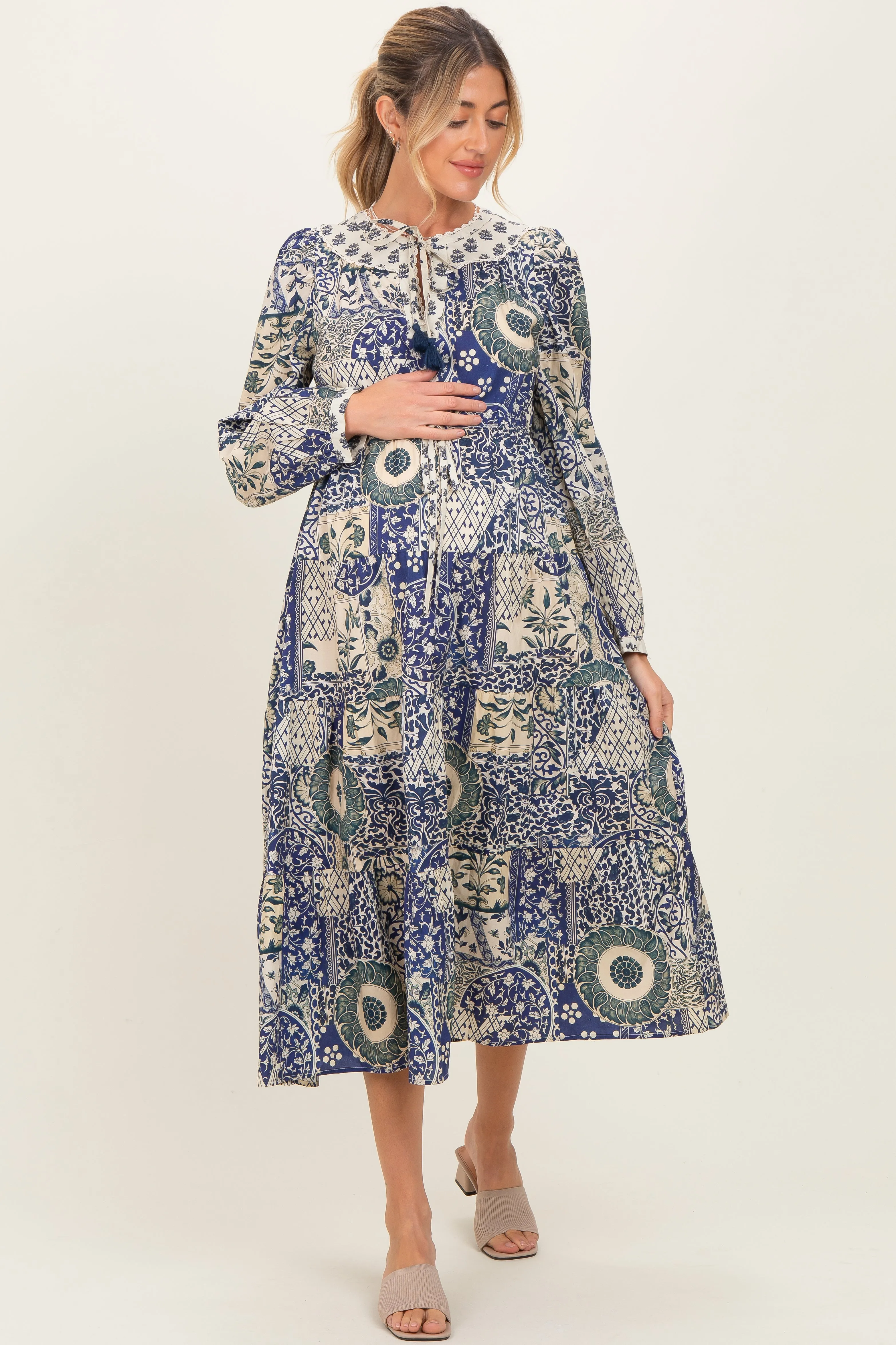 Blue Floral Patchwork Print Front Tie Maternity Midi Dress sold by Pinkblush