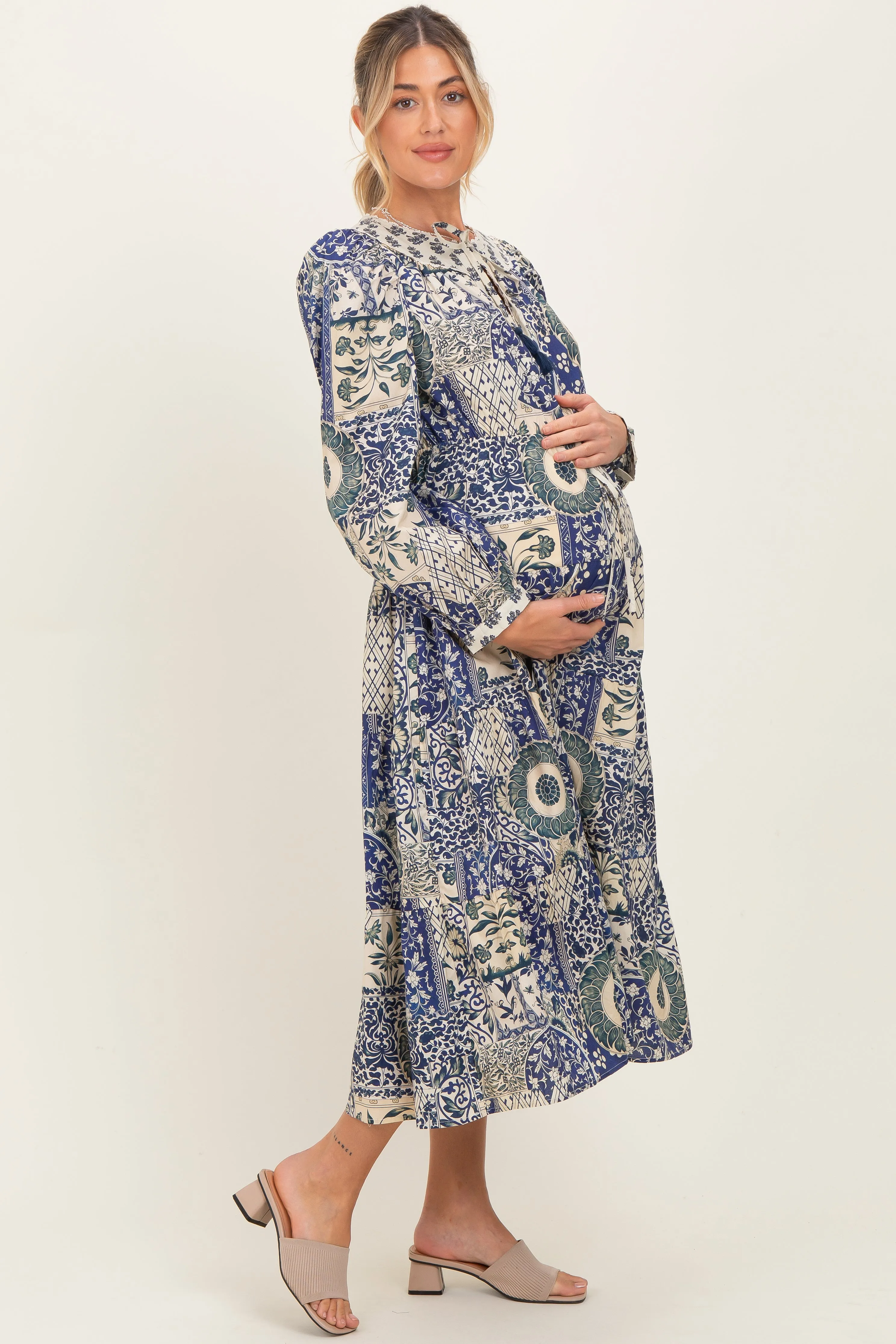 Blue Floral Patchwork Print Front Tie Maternity Midi Dress sold by Pinkblush product image thumbnail 2