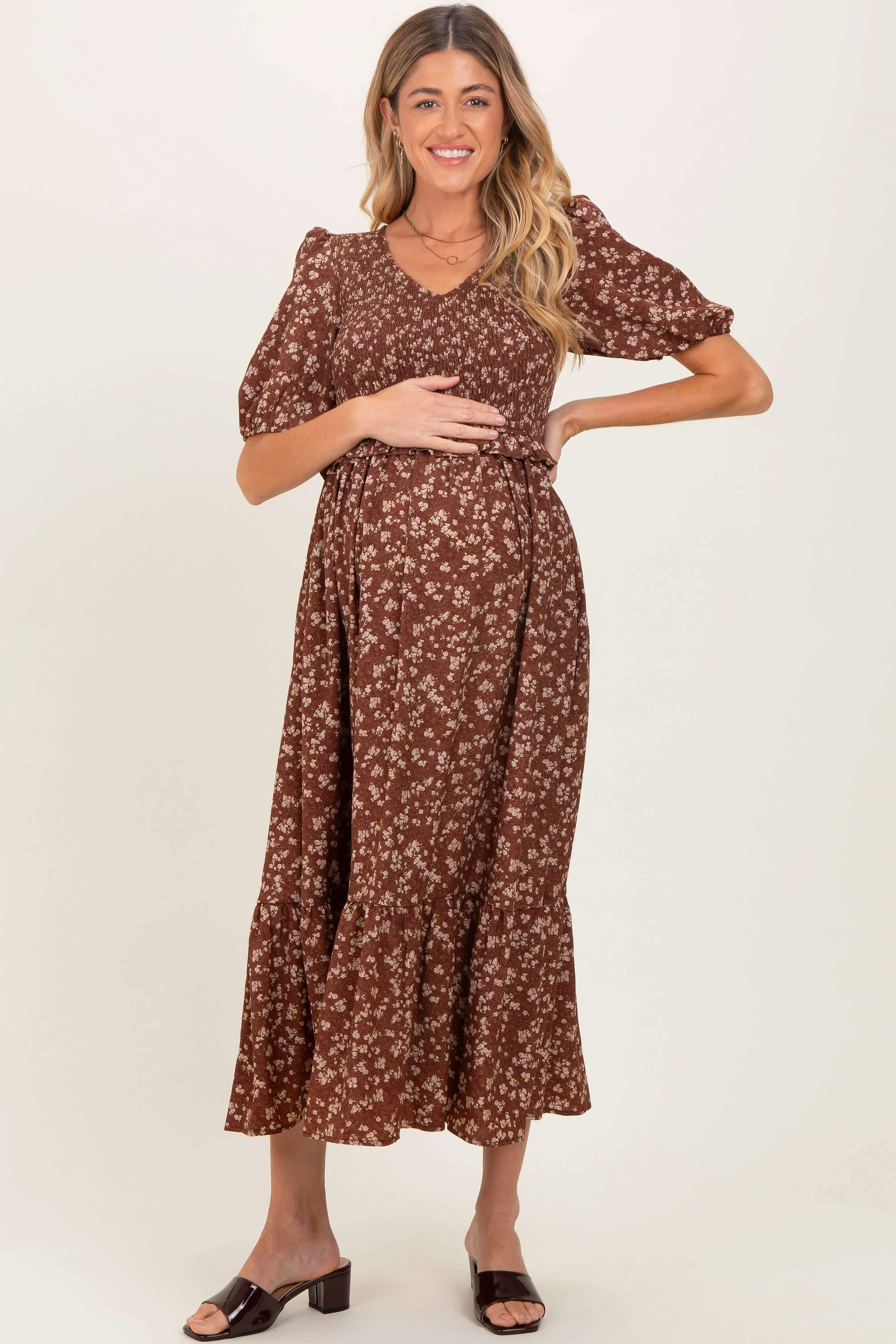 Brown Floral Smocked Short Sleeve Maternity Midi Dress sold by Pinkblush product image thumbnail 2