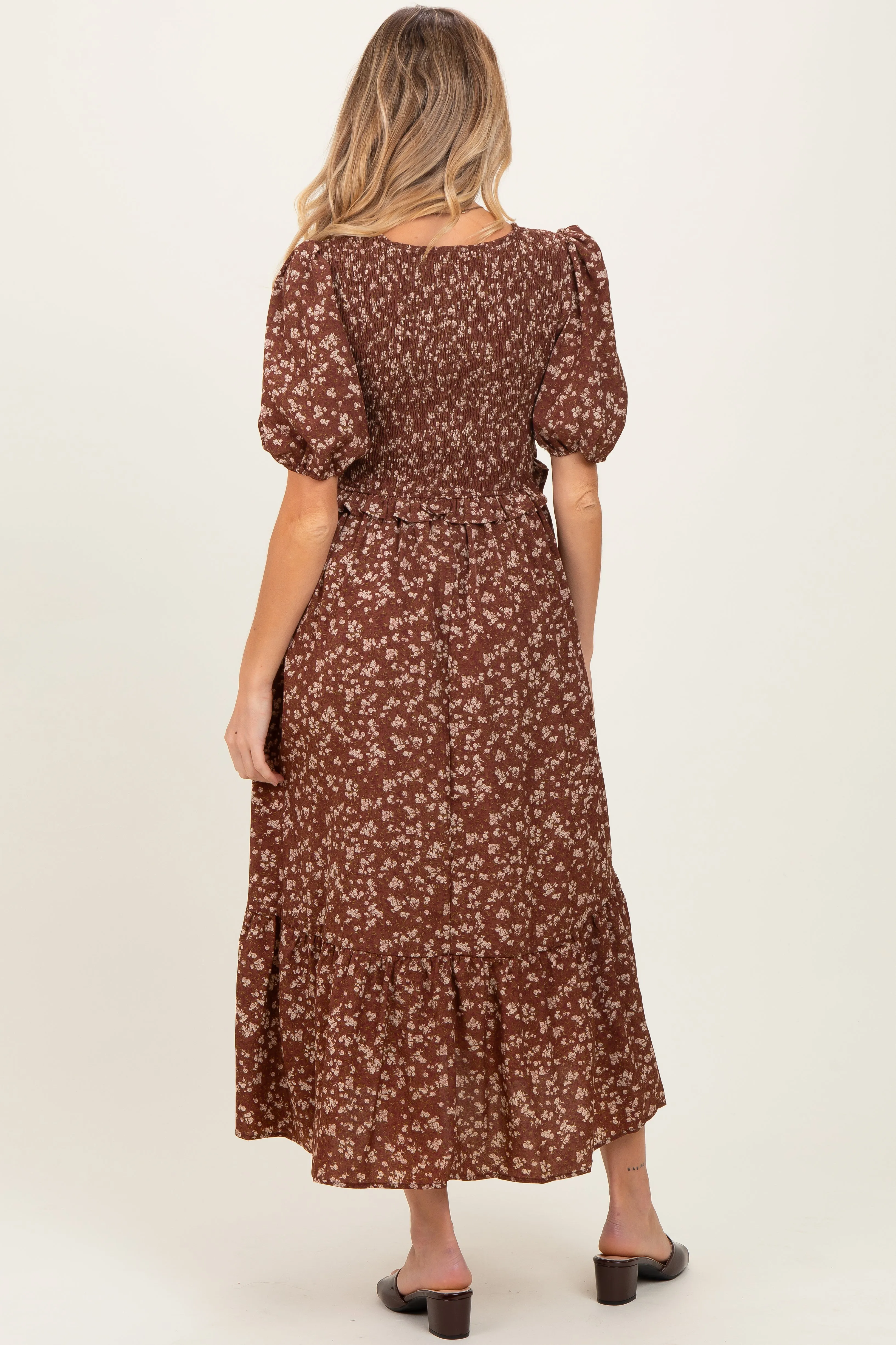 Brown Floral Smocked Short Sleeve Maternity Midi Dress sold by Pinkblush product image thumbnail 4