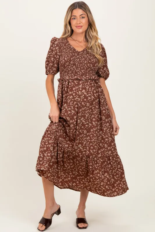 Brown Floral Smocked Short Sleeve Maternity Midi Dress sold by Pinkblush