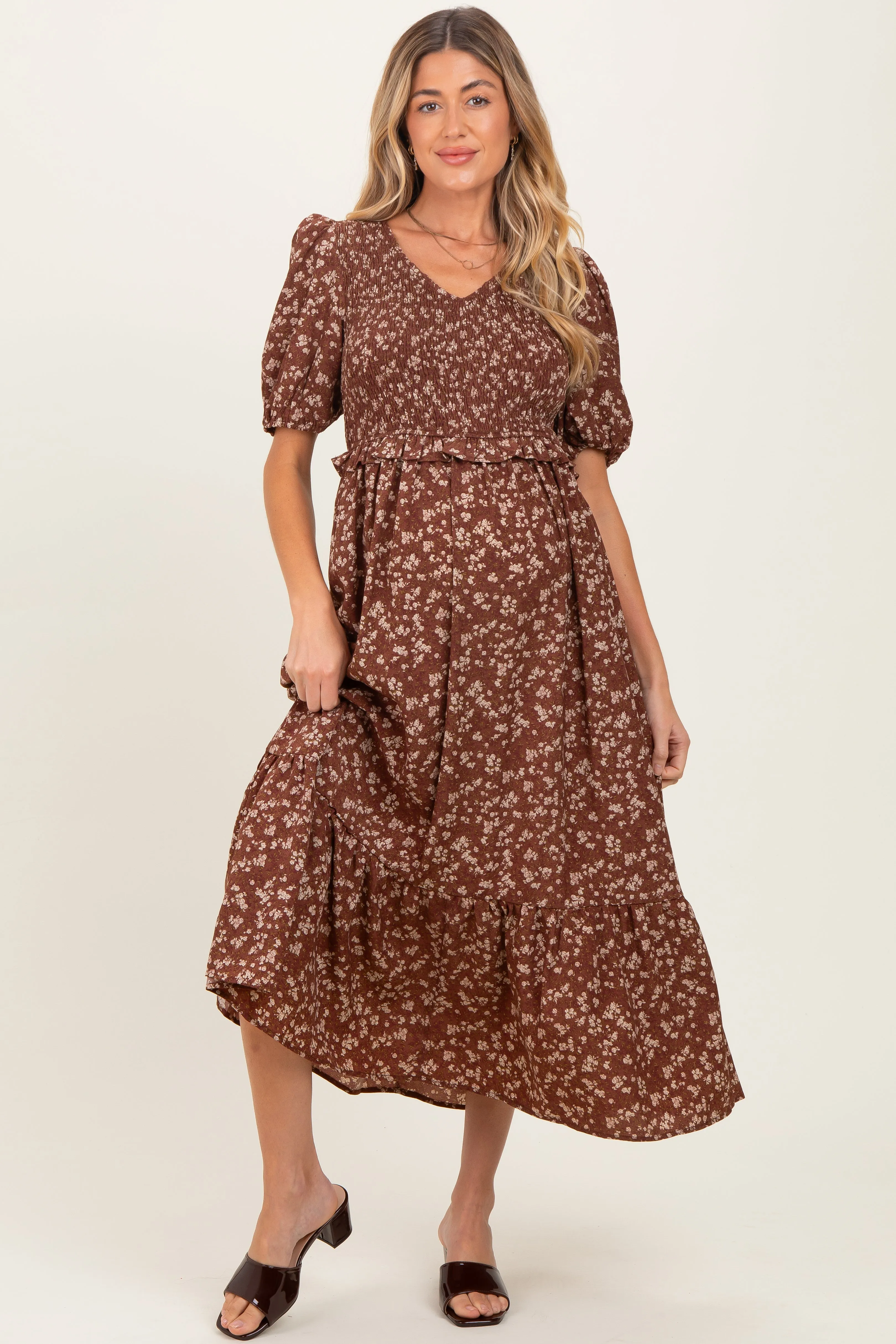 Brown Floral Smocked Short Sleeve Maternity Midi Dress sold by Pinkblush