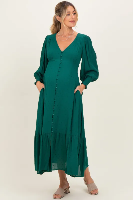 Evergreen Swiss Dot Button Down Maternity Maxi Dress sold by Pinkblush