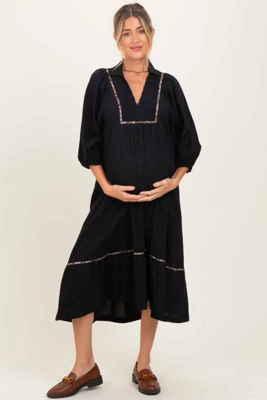Black V-Neck Contrast Trim 3/4 Sleeve Maternity Midi Dress sold by Pinkblush