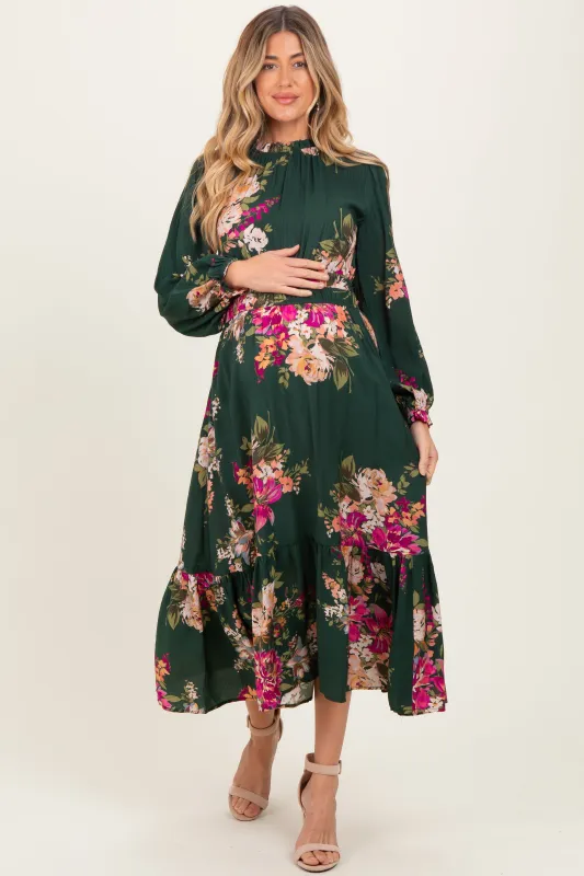 Forest Green Floral Long Sleeve Maternity Midi Dress sold by Pinkblush