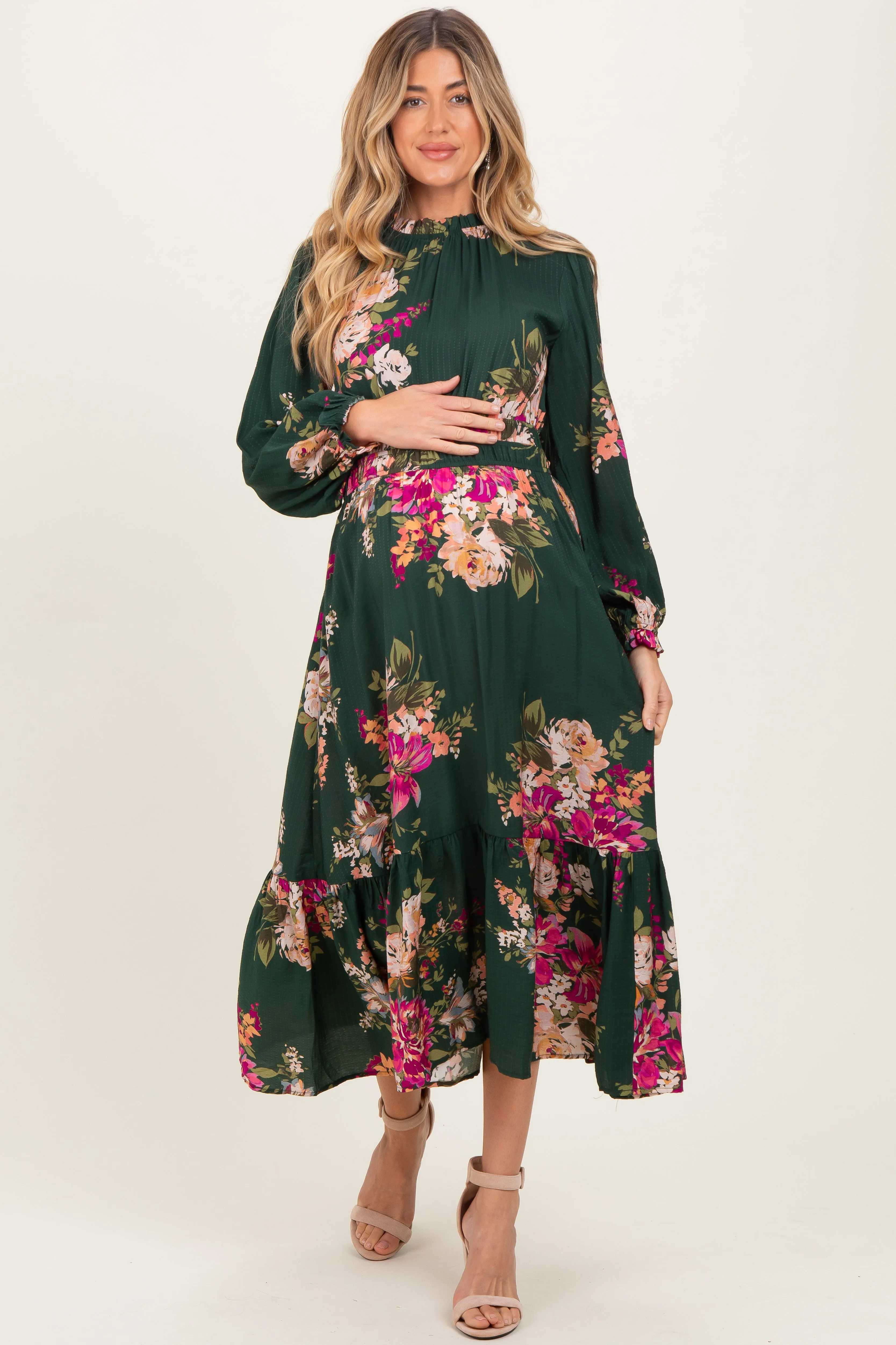 Forest Green Floral Long Sleeve Maternity Midi Dress sold by Pinkblush